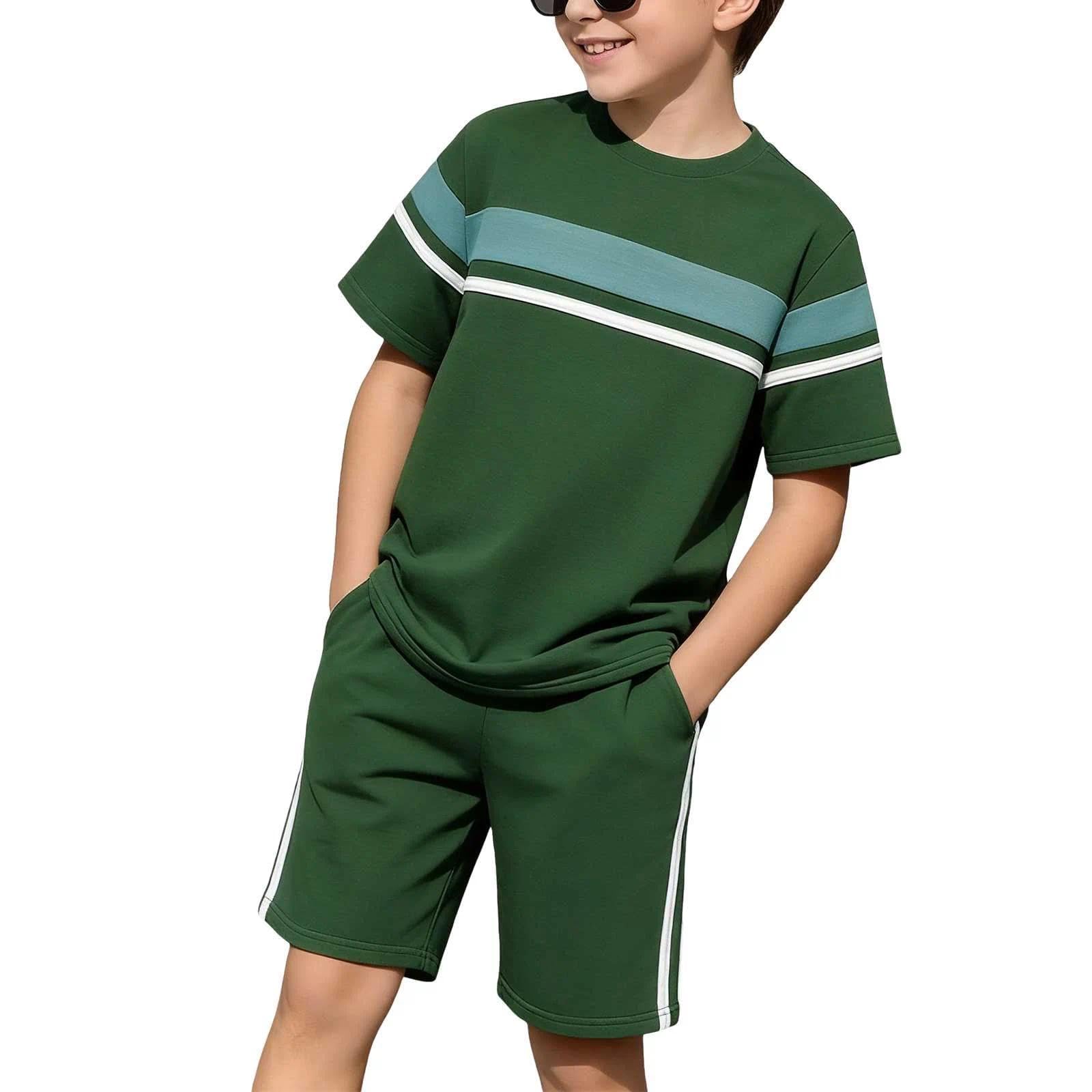 Conjunto de dos piezas de manga corta y pantalones cortos de algodón puro a rayas para niños, transpirable, casual, vacaciones, ropa deportiva de 4 a 13 años — view 2