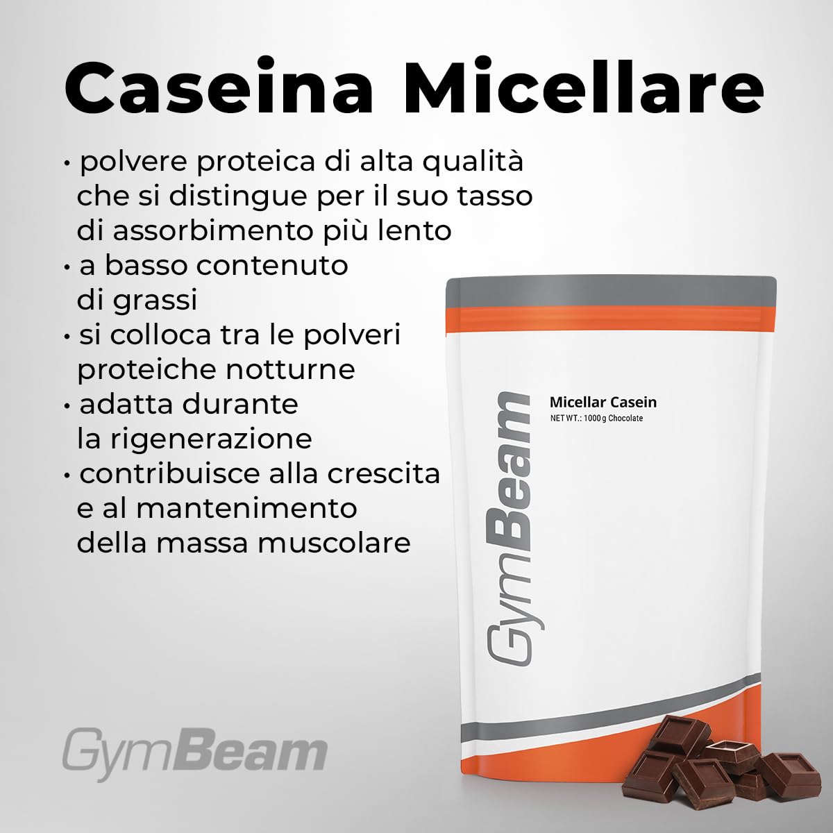 GymBeam Caseina Micellare 1000g - Caseine di Alta Qualità - Polvere di Caseina per Crescita e la Rigenerazione Muscolare - A Basso Contenuto di Grassi, Deliziosa e Ben Solubile (1000 g, Chocolate)