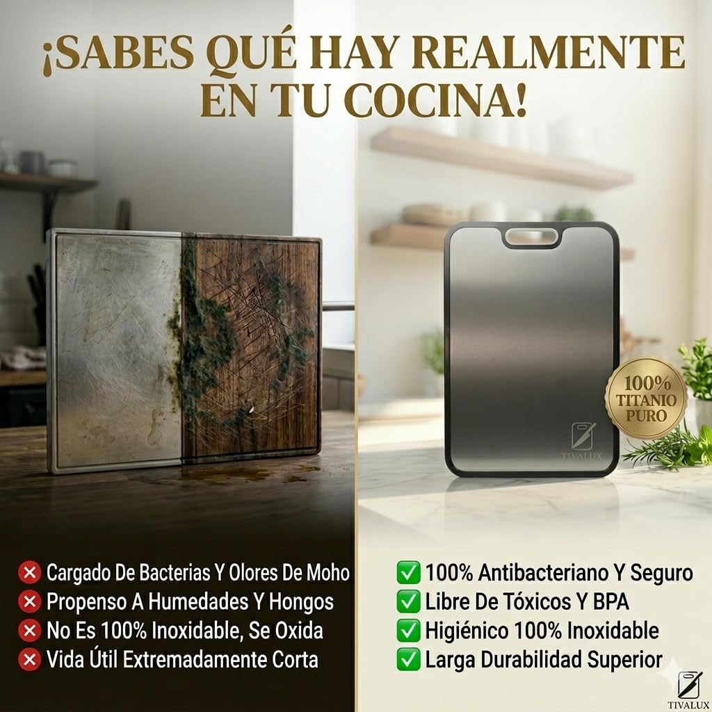 1 Tabla de Cortar Titanio 100% Puro – TIVALUX | Tabla Cocina Titanio 38,5x26,5cm Grande | Certificada LFGB y CE | Doble Cara Antibacteriana | Sin BPA | Trigo Ecológico | Tabla de Cortar Cocina Premium