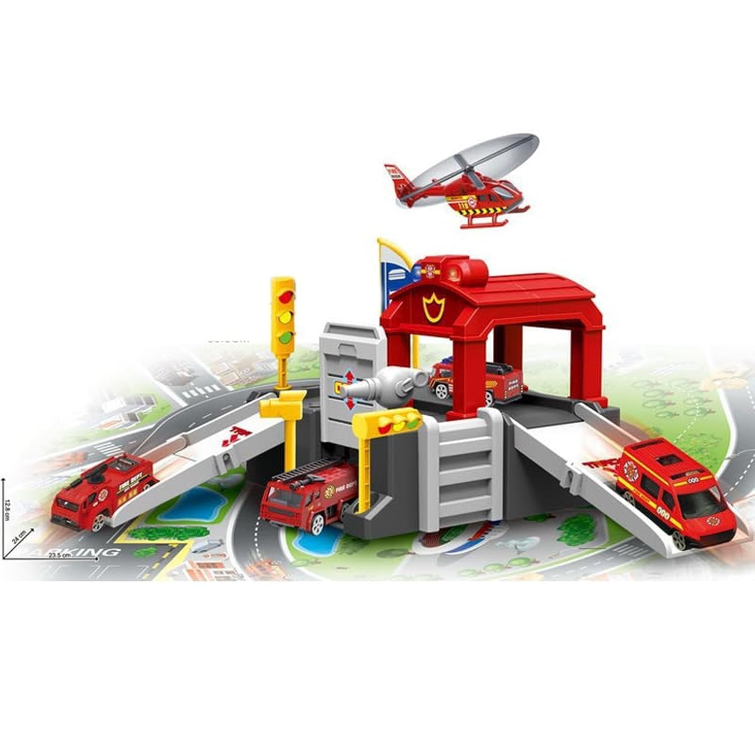 Baybee Parking Lot Car Plastic Portable Alloy Helicopter Fire Fighting Engine Truck Cars Garage Toy Educational Gift with 6 Fire Trucks, Ramps, Traffic Signs for Kids 3+ Years - 24 Pieces