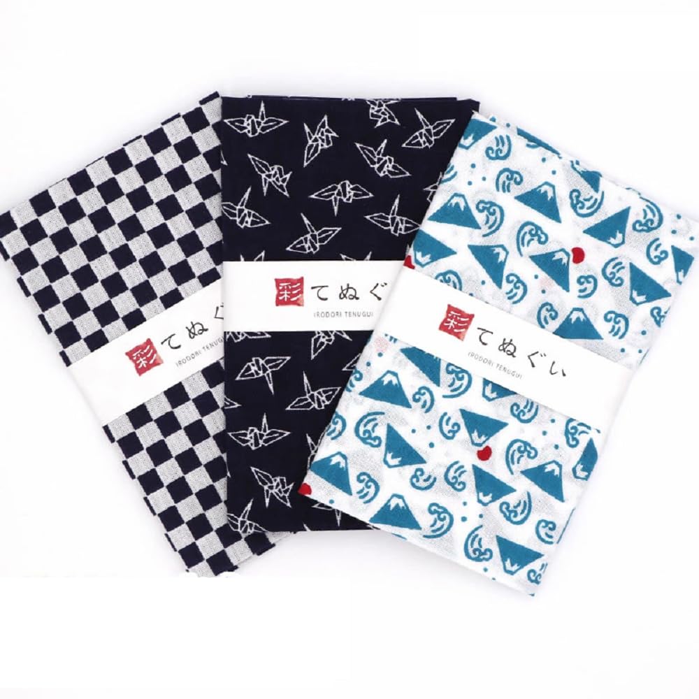 Komesichi Japan Pattern A Irodori Japanese Traditional Towel Tenugui With Fray Prevention Processing Set Of 3 With Tenugui Iroha (English Manual)