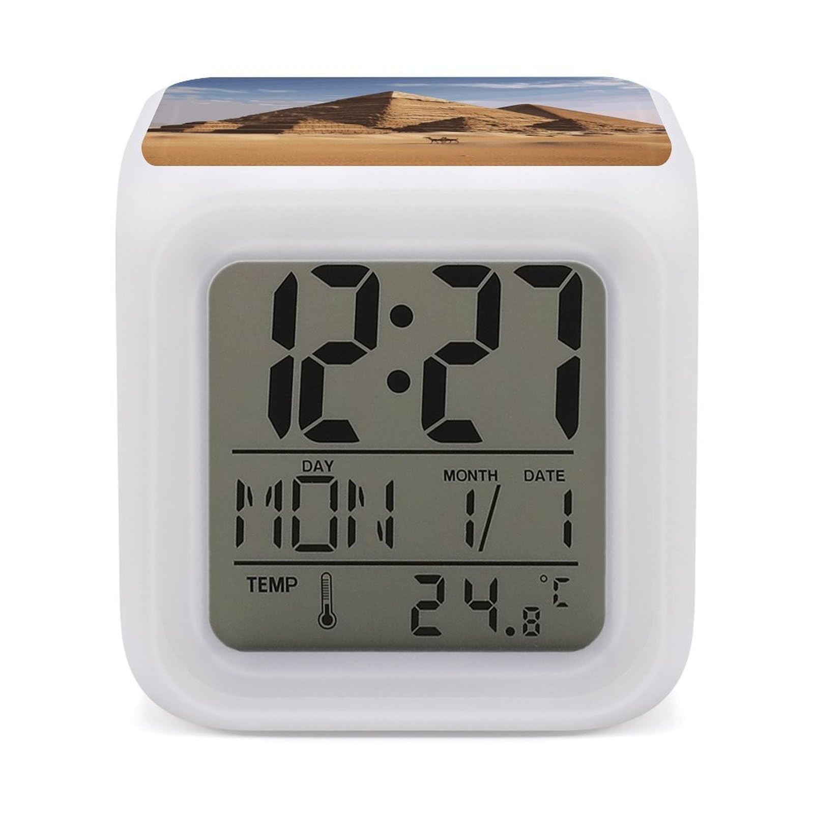 VstaDank Ancient Egypt Pyramid Alarm Clock with 7 Color Changing Night Light Date Temp Display Wake Clocks LED Display Digital Clock Electric Desk Clocks for Living Office Bedroom Decor