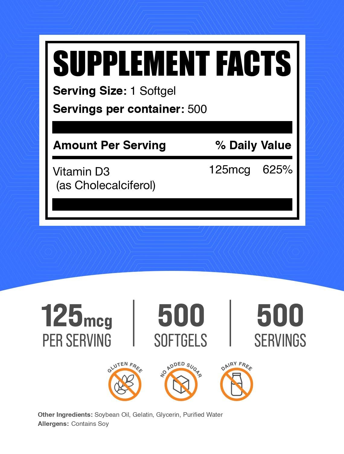 BulkSupplements.com Vitamin D3 5000IU Softgels - Cholecalciferol, D3 Supplement, Vitamin D 5000 IU - 1 Vitamin D3 Softgel (125mcg of Vitamin D) per Serving, 500 Count (Pack of 1) — Amazon image 2