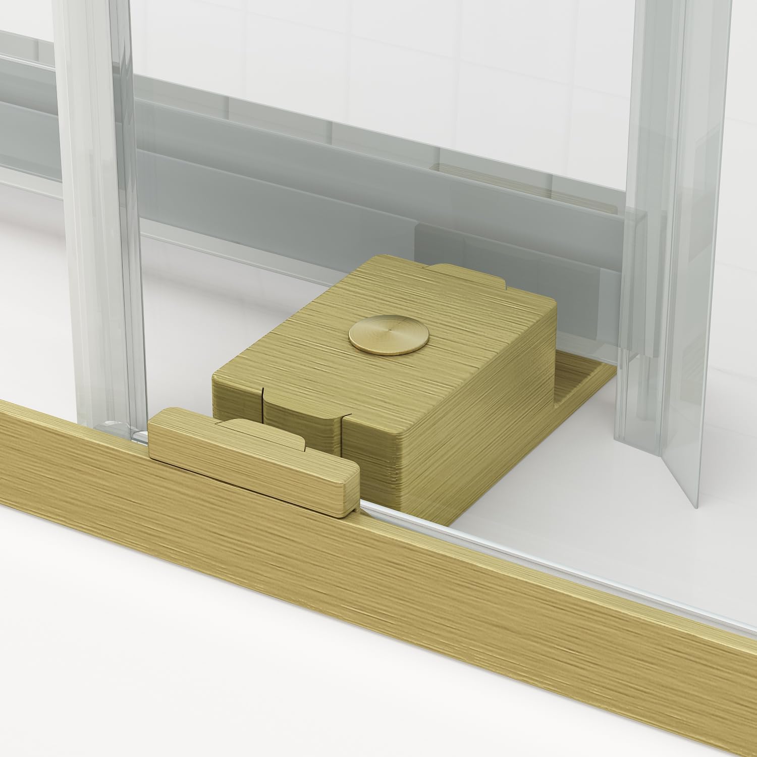 ภาพระยะใกล้ view of the soft-close mechanism at the bottom track of the shower door, showing the brushed gold finish.