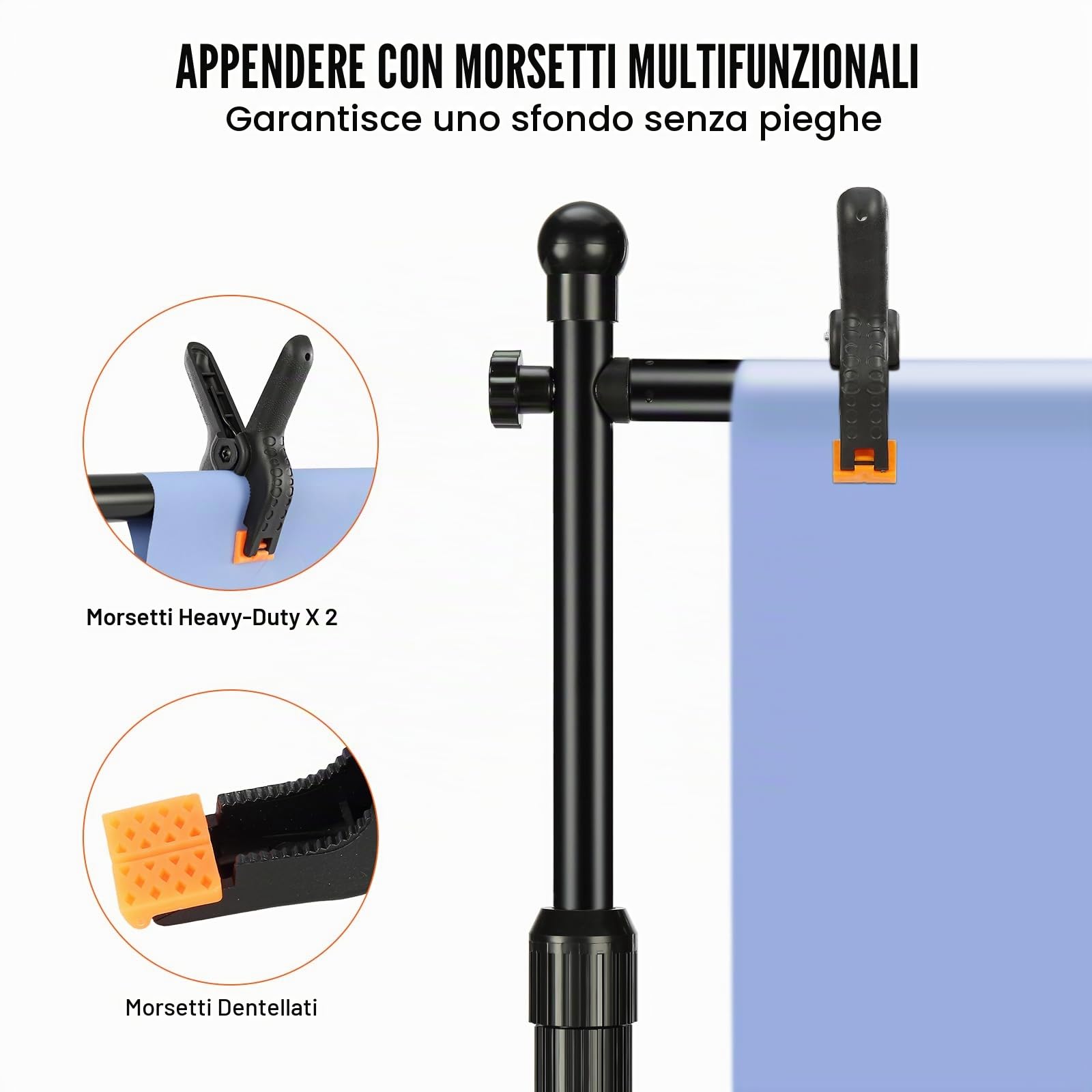VEVOR Supporto Fondale Fotografico 3048 x 3048mm Kit Supporto per Fondale Fotografico Regolabile Base in Acciaio al Carbonio con 6 Morsetti Borsa da Trasporto, Supporto per Sfondo Fotografia in Studio