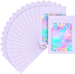 100 pack mylar bags holographic smell proof packaging bag for small bussiness resealable zipper sealable pouch bags sample, jewelry, lipgloss, food,soap,electronic supplies（3×5 inch,purple）