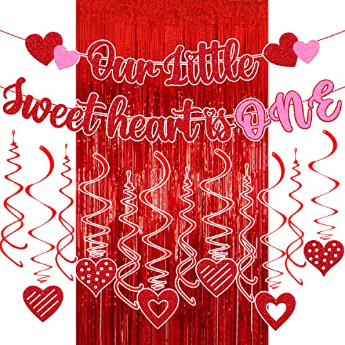 21 Pcs Valentines 1St Birthday Decorations Our Little Sweet Heart Is One Banner With Heart Hanging Swirls Red Foil Curtains Backdrop Happy Valentine’s Day Theme For One Year Old Kids Boy Girl First Birthday Party Supplies. #TOP17