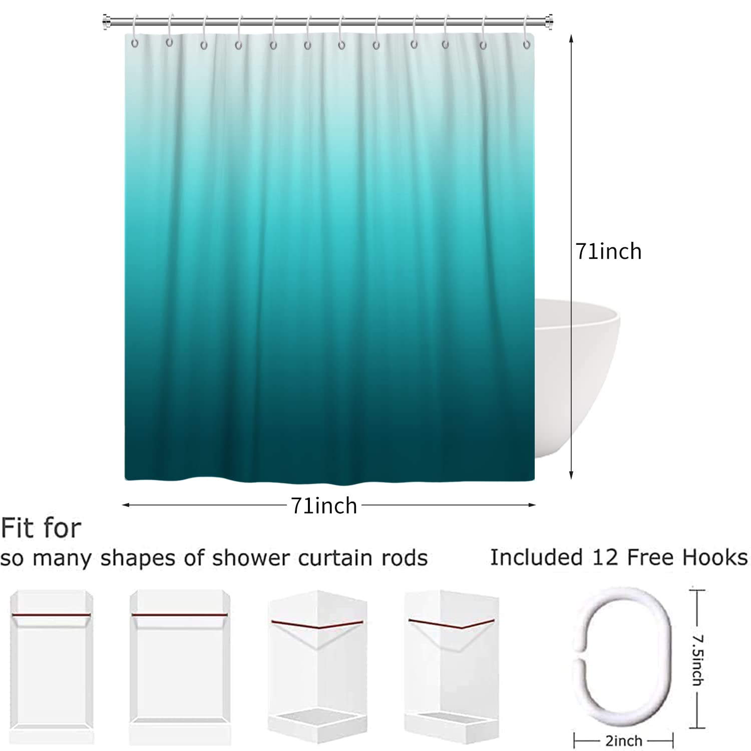Rideau De Douche Turquoise 180x200 Cm - Tissu Polyester Imperméable Lavable - Design Abstrait Moderne - Avec 12 Crochets