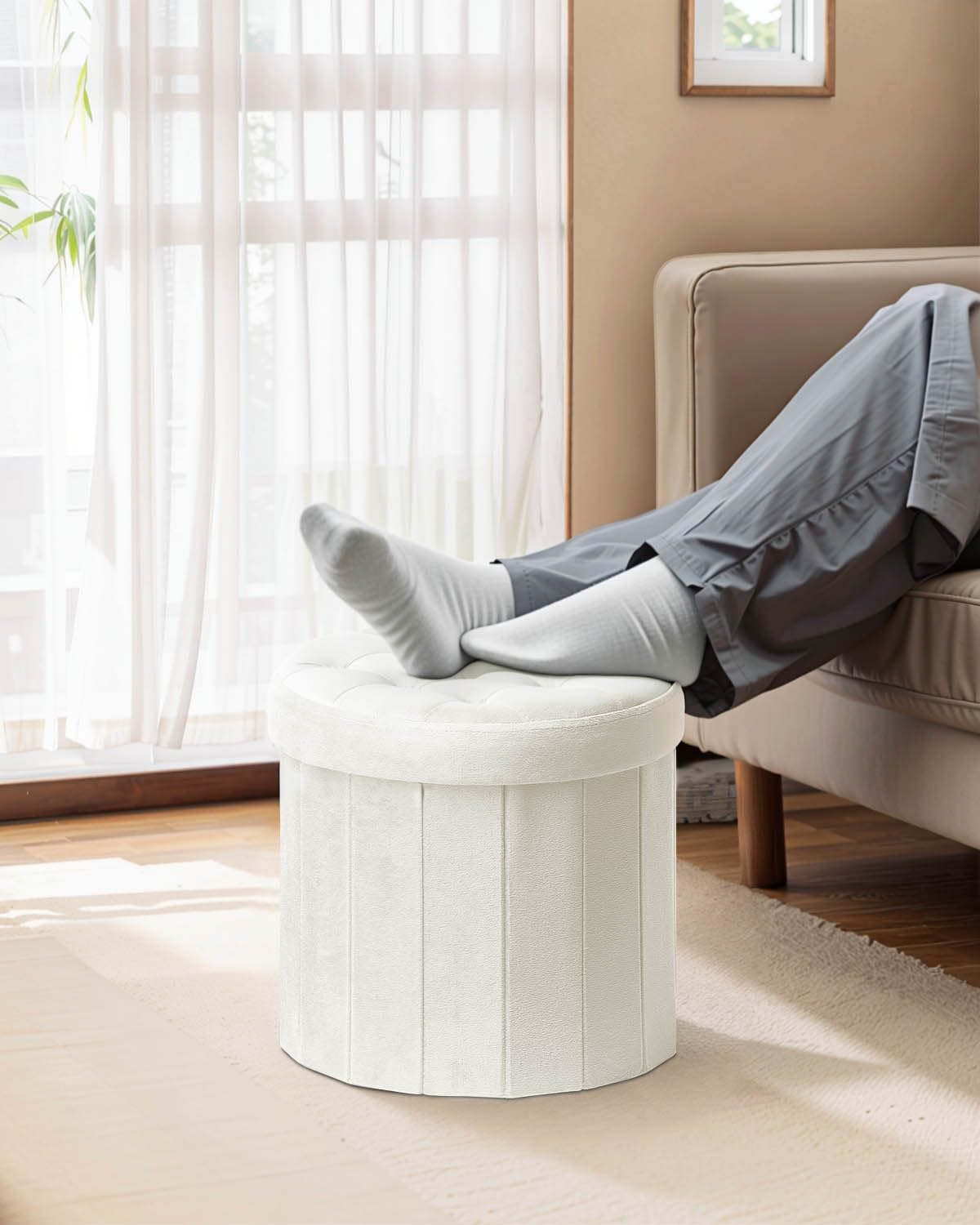 Bsketa Ottomane de rangement pliable rond de 38,1 cm, repose-pieds avec siège rembourré en mousse épaisse, petit banc de rangement en velours, repose-pieds pour salon, table basse pliable, beige