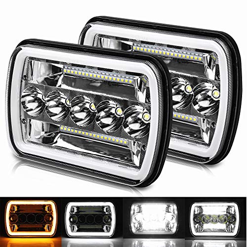 2PCS 5x7 7x6 Inch LED Headlights Sealed Beam Rectangular Headlamp Amber/White DRL Halo Angel Eyes Compatible with Jeep Wrangler YJ Cherokee XJ Truck Replacement H6054 H5054 H6054LL (2pcs)