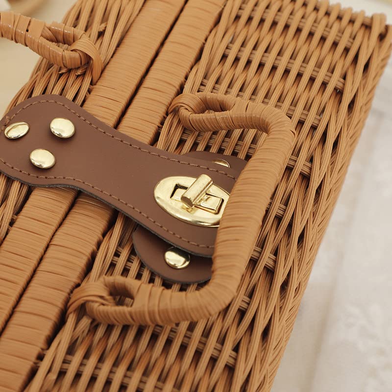 Restokki Geflochtener Aufbewahrungskorb, Panier Osier Weidenkorb mit Deckel Rattankorb für gewebte Picknickbox im Freien (L-Grundfarben)