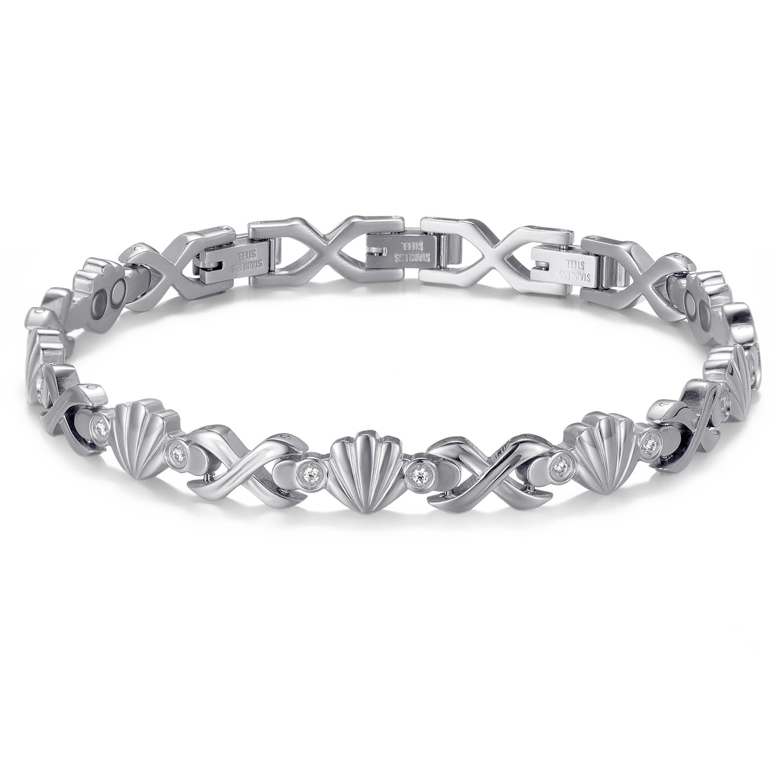 RainSo Bracelet magnétique pour femme - Bracelet en acier inoxydable 3800 Gauss avec coquillage et incrustation de diamant, comprend 3 boutons intelligents, taille réglable (argent)