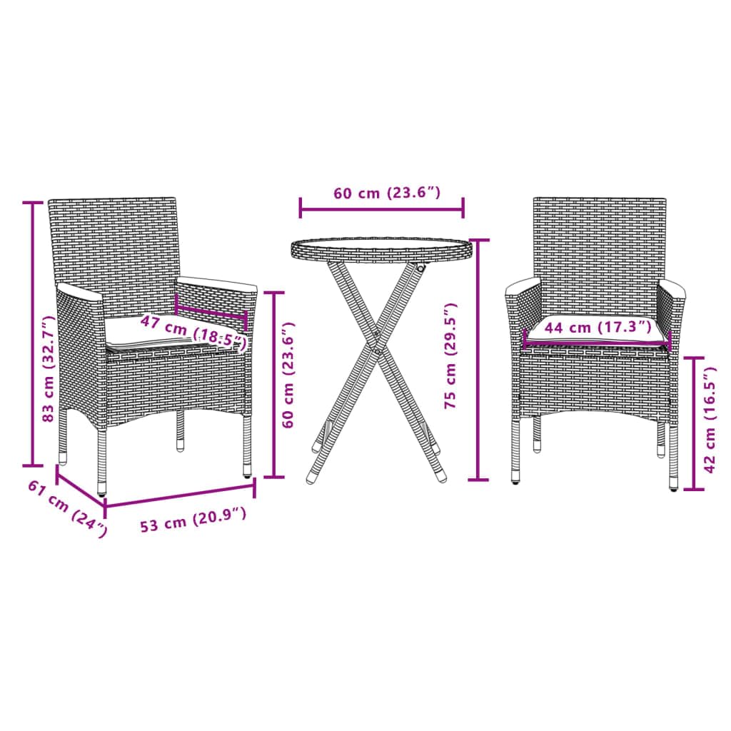 Set da bistrò da 3 pezzi, con cuscino, in polyrattan nero, vetro