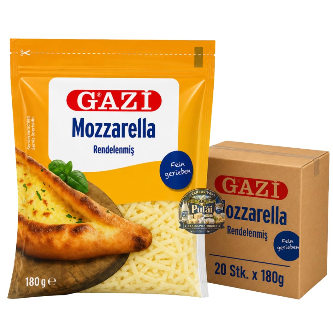 PUFAI Bundle – Fein Geriebener Mozzarella – Geriebener Käse für Pizza & Pasta, 180g, 20 Stück