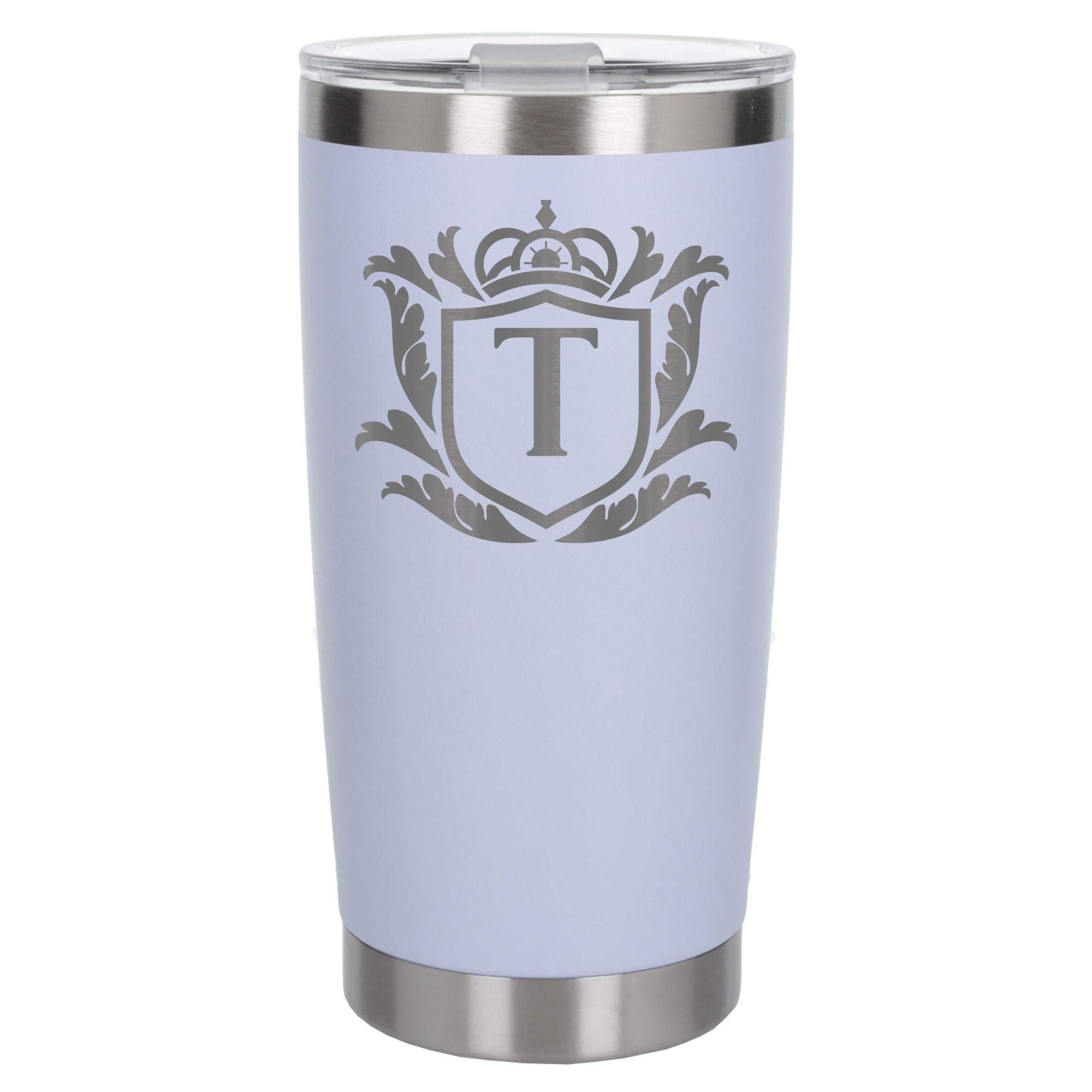 Customised Gifts 500ml Engraved Shield Initial Monogram Insulated Personalised White Travel Mug for Men and Women - Personalised Initial Coffee Travel Mug for Hot and Cold Beverages, Letter T