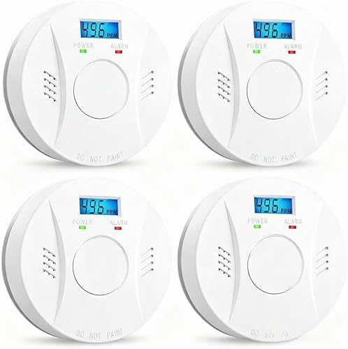 Detector de humo y detector de monóxido de carbono, detector de CO2, funciona con pilas con botón de reinicio de prueba, paquete de 4