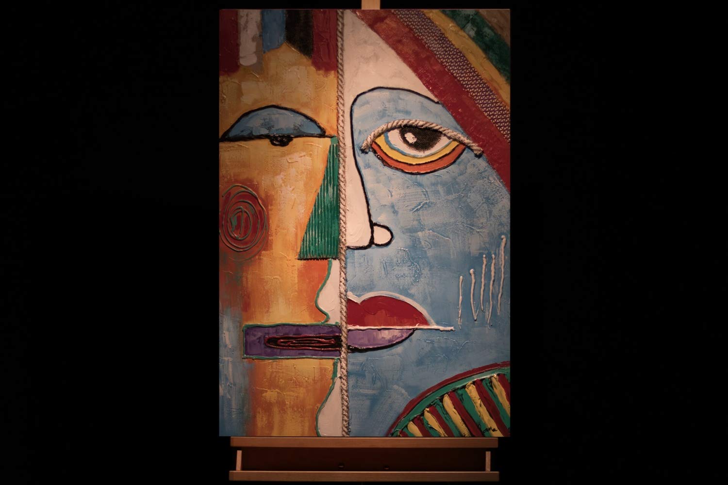KunstLoft Tableau peinture moderne | 100% PEINT À LA MAIN | 60x90cm | Peinture sur toile 'Two Faces' | Visage | Multicolore | Deco murale salon