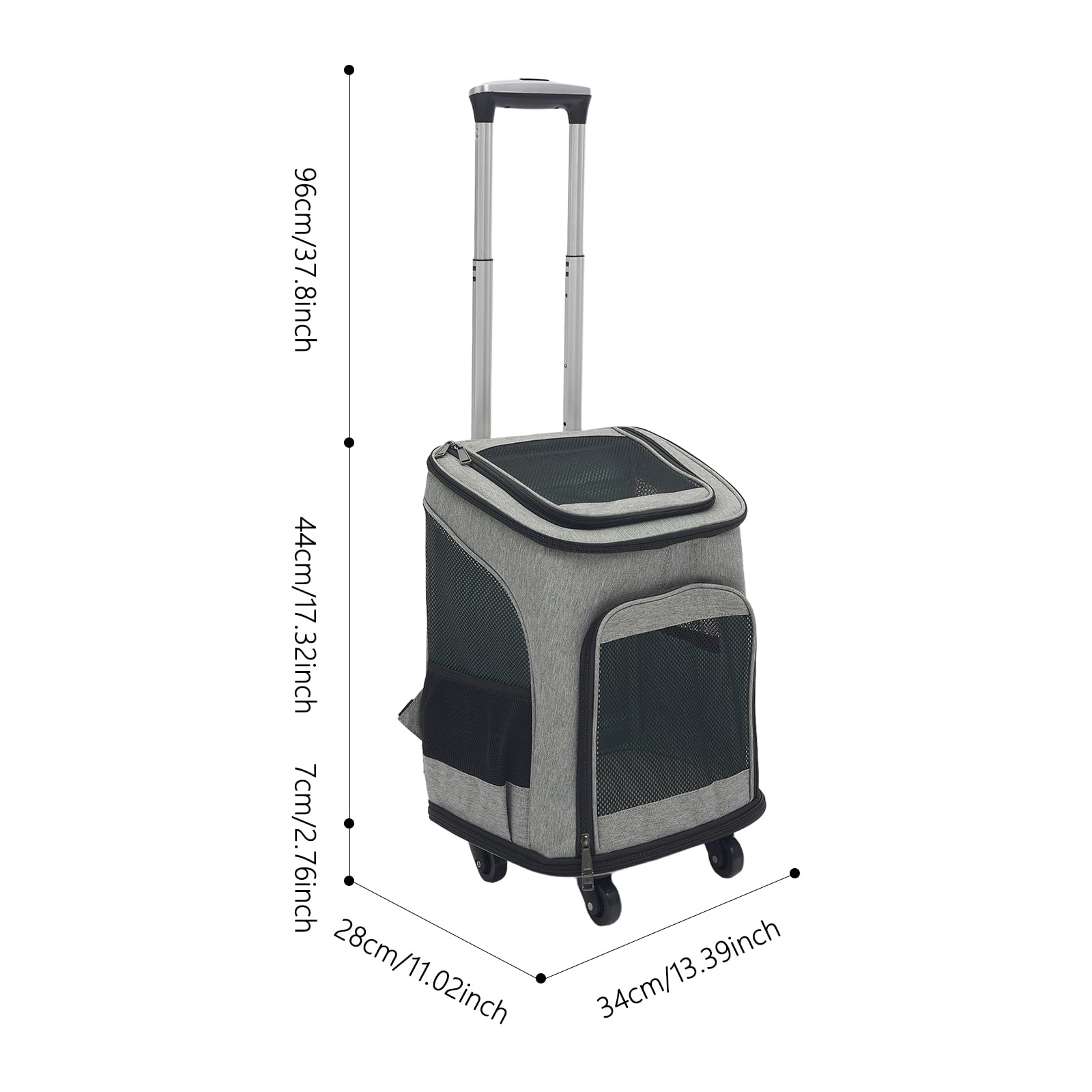 Transporttasche für Katze mit Rollen Hundetragetasche 45 * 33 * 14 cm hundewagen bis 9 kg Katze und 7,5 kg Hund katzenwagen (Grau)