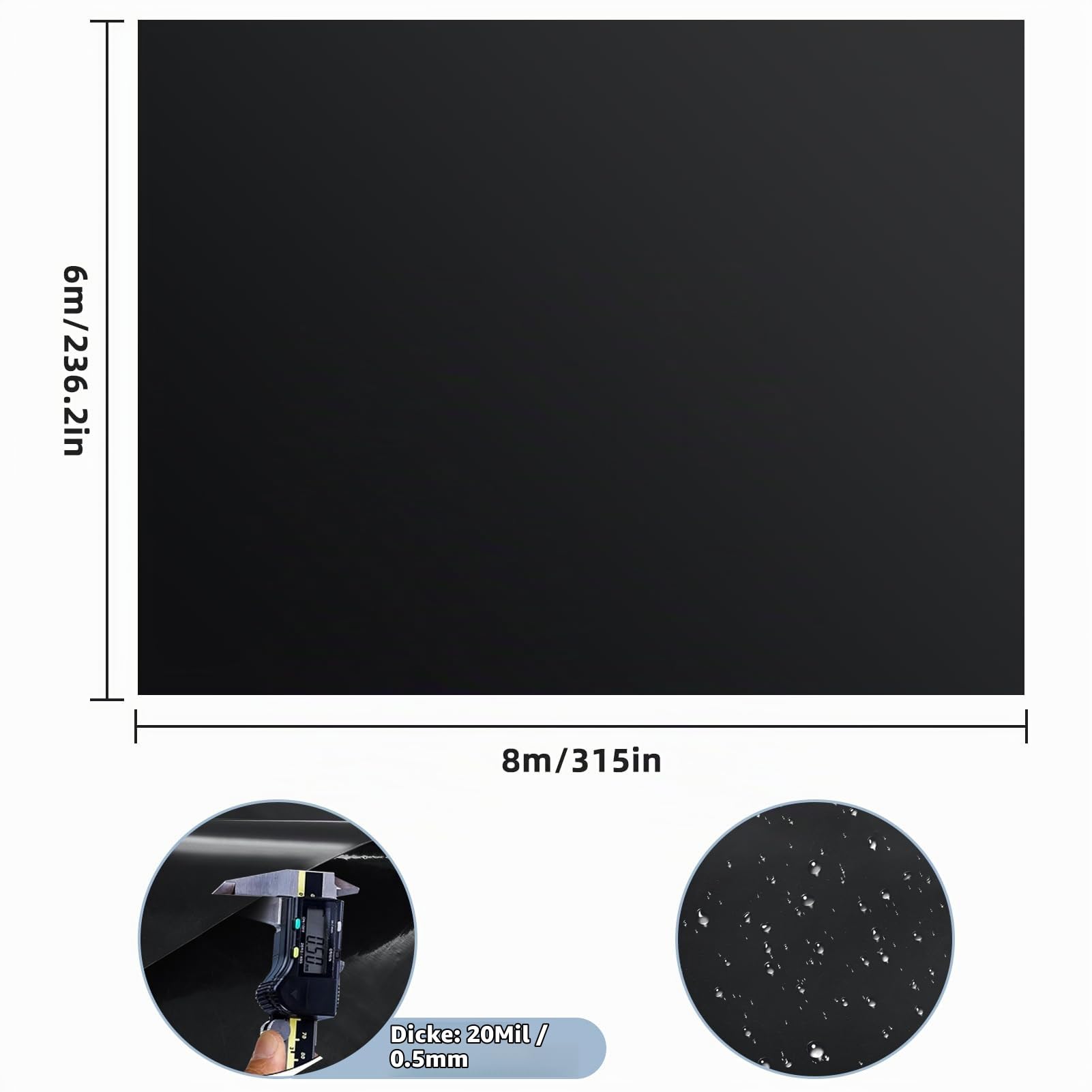 Teichfolie, 6x8m Teichwanne Stärke 0.5mm, Schwarz HDPE Teichfolien Schwerlast, Dichtungsfolie Teichmembran Schwimmteich Folie für Fischteiche/Brunnen/Wassergarten/Wasserfall/ Gartenteich/Teichbecken
