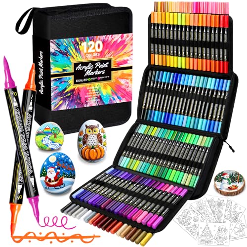 UQYMY 120 Colores Rotuladores Acrilicos Punta Pincel, Rotuladores Lettering Doble Punta, Acrylic Paint Markers Canetas Marcador para Pintar Piedras, Vidrio, Cerámica, Tela, Madera, Metal, Plastico