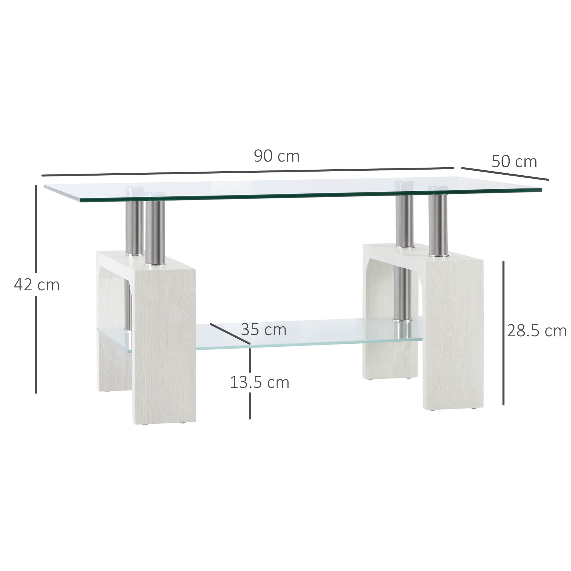 HOMCOM Tavolino Salotto Moderno a 2 Livelli con Piano d'Appoggio in Vetro Temperato, Tavolino da Divano in Legno e Acciaio, Tavolo da Caffè per Soggiorno, 90x50x42 cm, Bianco