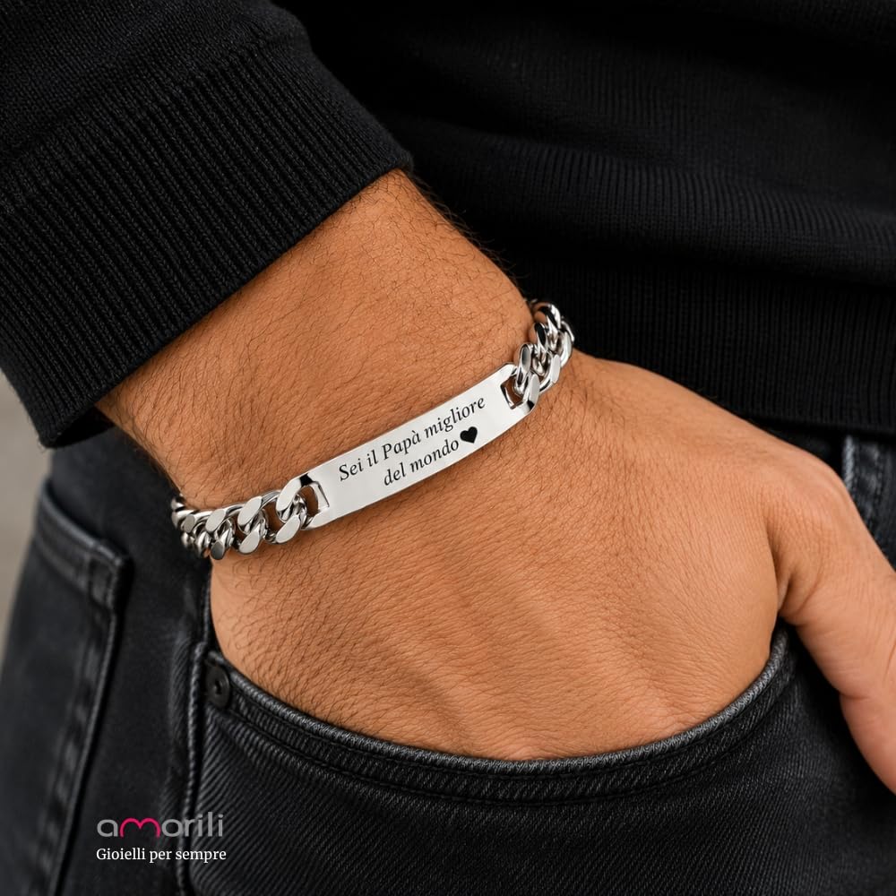 Bracciale Uomo Personalizzato con Incisione Acciaio Inox Catena Cubana Grumetta – Braccialetto Maschile con Nome Data Dedica – Design Elegante Regolabile – Idea Regalo Uomo bcc1489