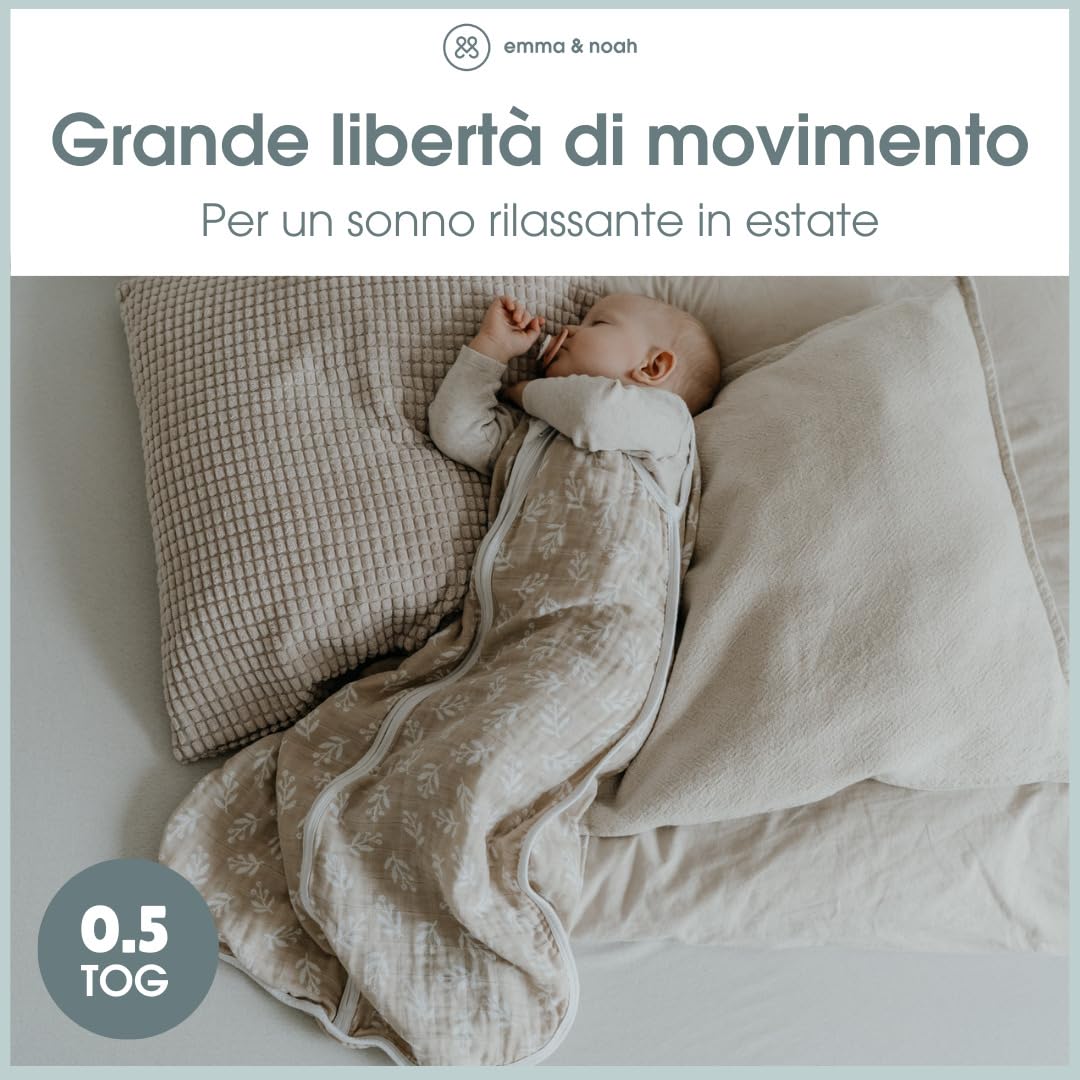 emma & noah Sacco nanna 0,5 TOG, in mussola per l'estate, 100% cotone biologico, certificato Oeko-Tex, traspirante e leggero, sacco a pelo per neonati, Fiore Bacca, 70 cm