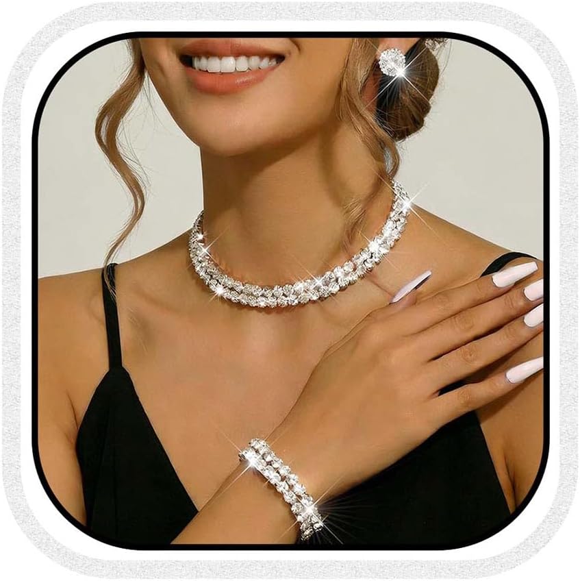 Unicra Silver Jewelry Set Rhinestone Necklace Earrings Bracelet Sets Wedding Prom Formal Jewelry for Women and Brides