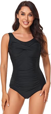 BIMEI Womens High-Neck One-Piece Mastectomy Swimsuit Pocketed Swimwear 013B