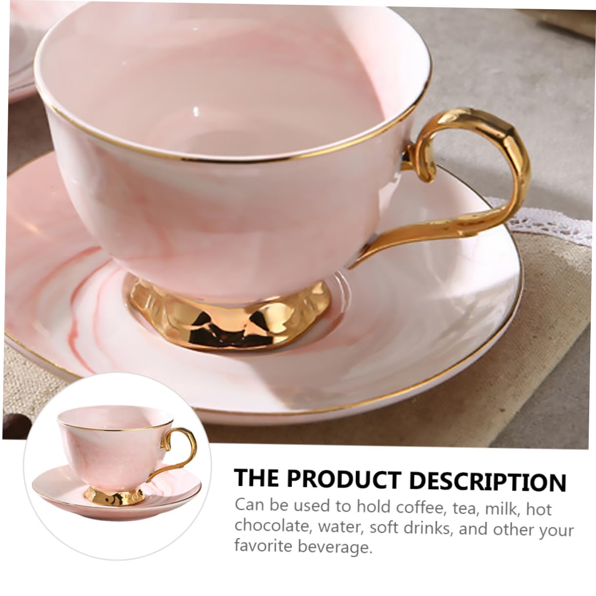 VILLCASE Taza con Platillo de Cerámica 250ml Rojo Estilo Mármol | Juego de Taza y Platillo, Diseño Moderno Decorativo, Apta para Café, Té, Leche, Chocolate Caliente