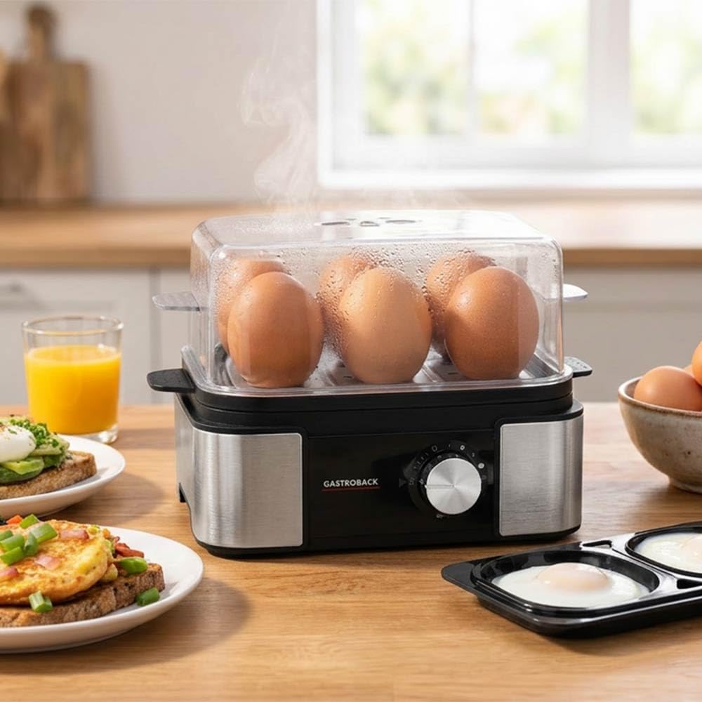 GASTROBACK Mini Eierkocher 6 Eier Edelstahl - Egg Cooker Electric | Abschaltautomatik - Egg Boiler Automatischer Signalton - Eierkocher Testsieger Klein Schwarz inkl. Eierstecher
