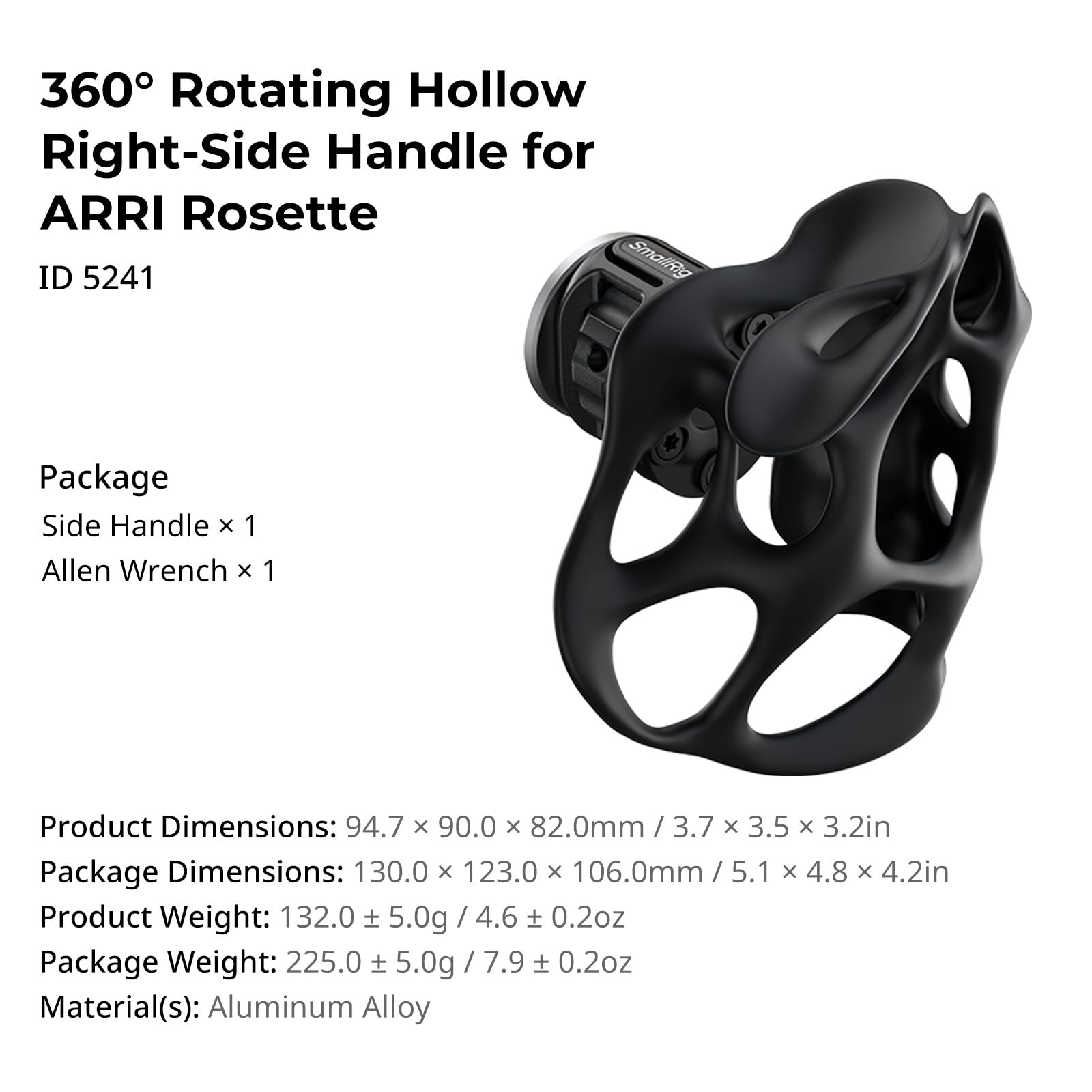 SMALLRIG Poignée Creuse Rotative à 360° Côté Droit pour Arri Rosace, Charge de 15 kg/33 LB pour Cages de Caméra et Supports d'Epaule - 5241