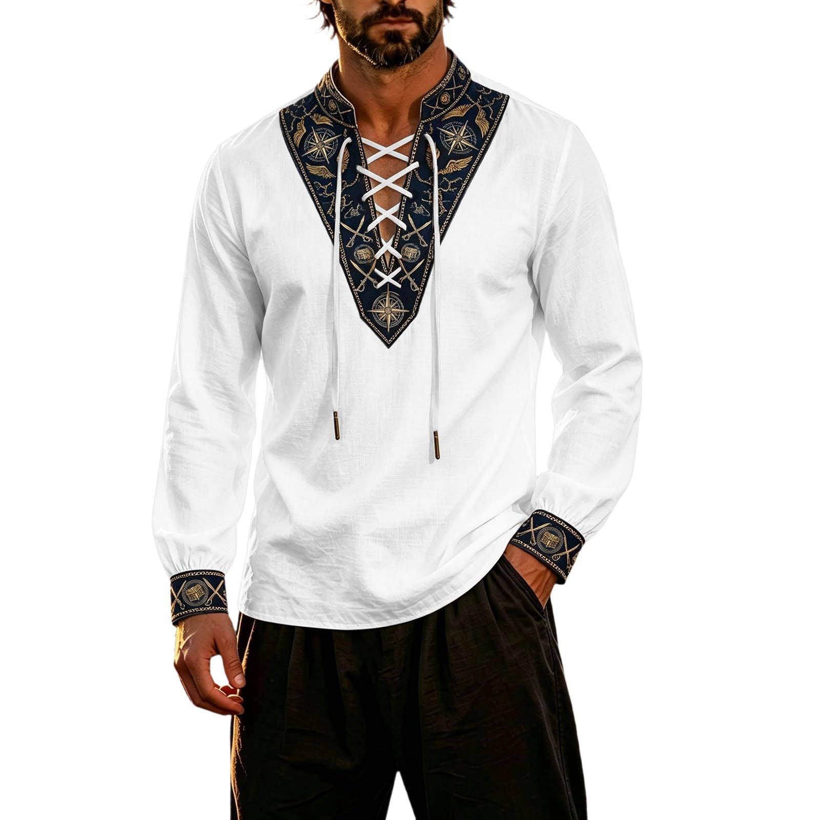 Classic Themed Men's Long Sleeve Shirt for Adventure Nautical Style Top with for Everyday Wear and Cosplay (f-White, XL) — image 1