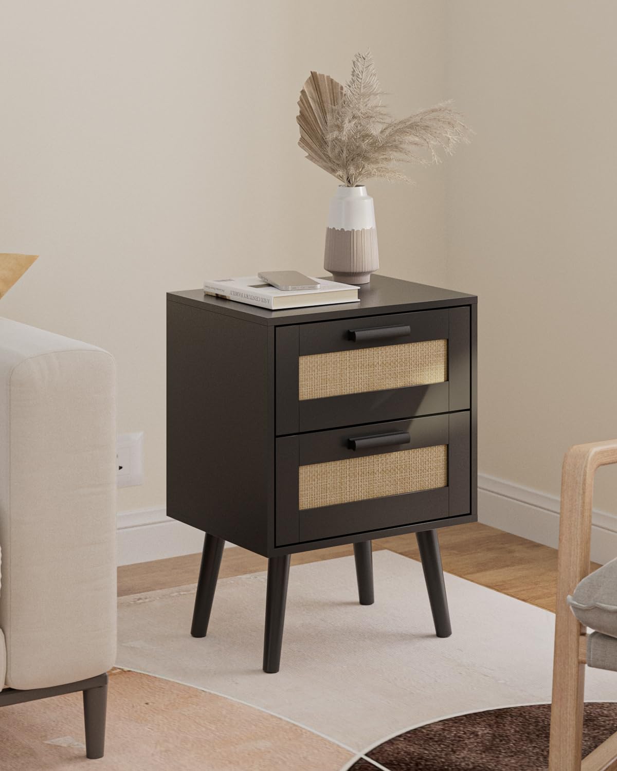 HEYZOEY Table de chevet en rotin, table d'appoint avec tiroir, table de chevet avec pieds en bois pour chambre à coucher, salon (noir-2 tiroirs)