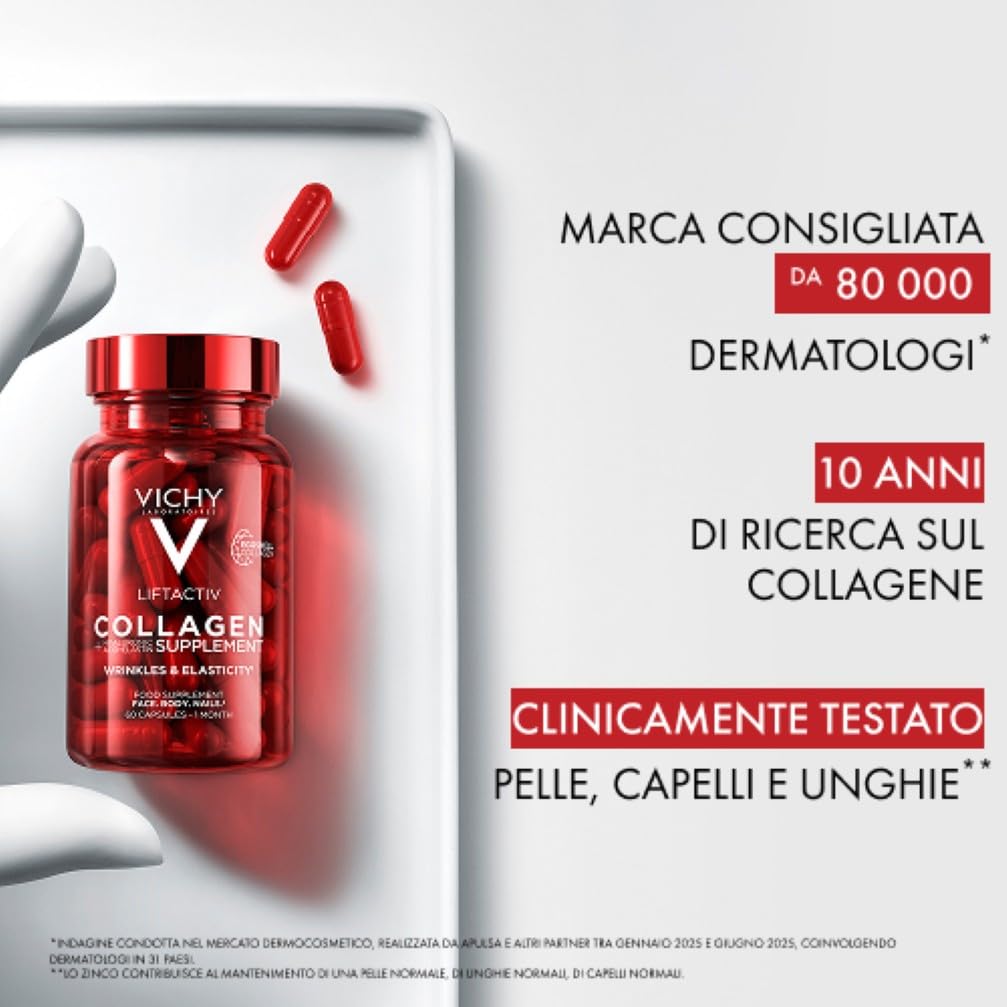 Vichy Liftactiv Collagen, Integratore di Collagene in Compresse, Per Donna e Uomo, Rughe Ridotte, Pelle Tonica e Unghie Più Forti, Con Collagene Vegetariano, Vitamina C e Vitamina E, 60 Compresse, 50g