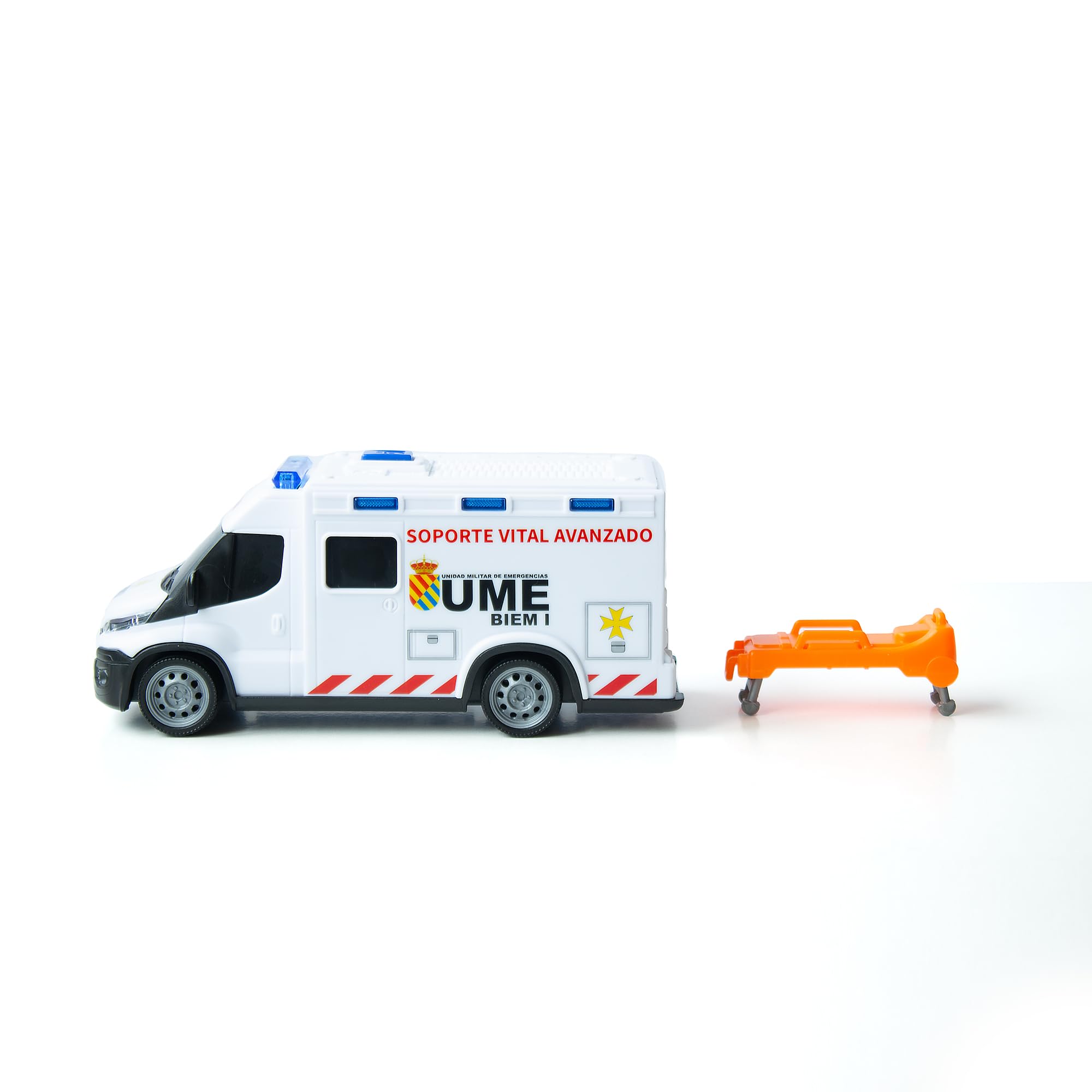 Dickie Toys - Ambulanza IVECO UME 18 cm, Ambulanza giocattolo, Luce e Suono, Ruota con Girata Libera, con Barella, Veicolo Giocattolo Bambini Ragazze a partire dai 3 anni (203713014SI5)
