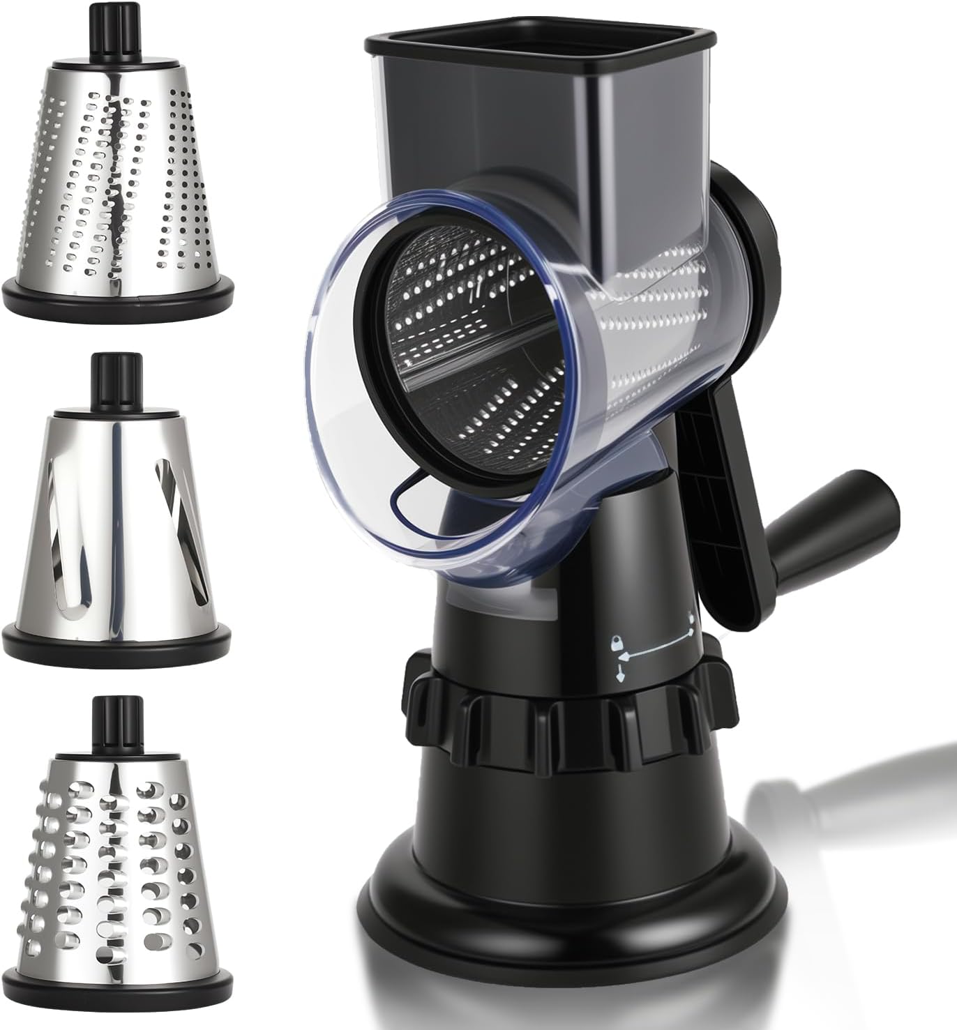 Rallador giratorio de queso, manivela de mano, rebanadora de verduras con 3 cuchillas intercambiables, succión estable, mango que ahorra trabajo,