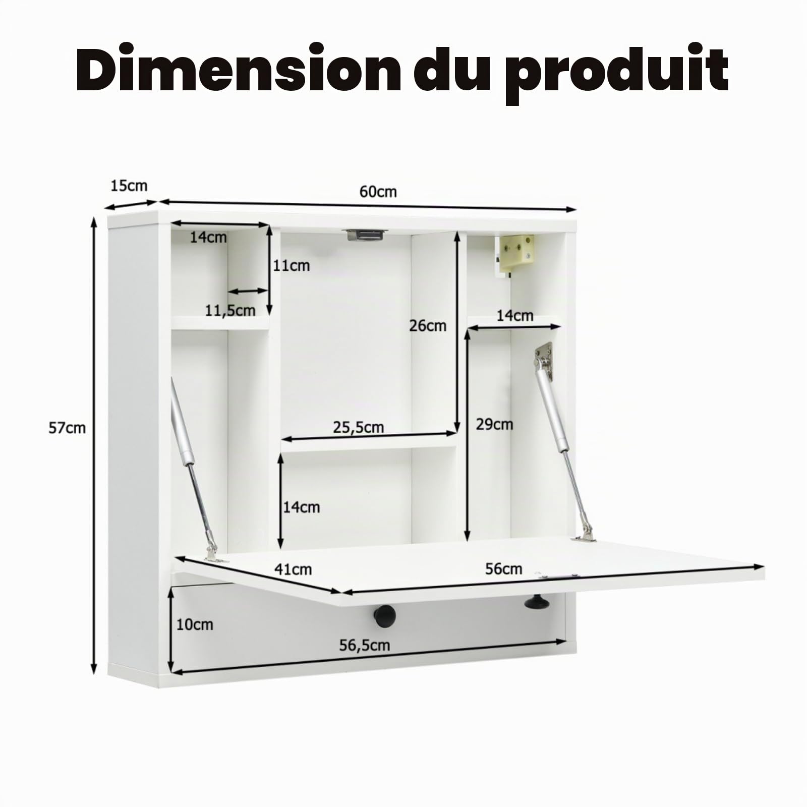 LIFEZEAL Bureau Mural, Table Murale Pliable Peu Encombrant, Bureau Suspendu Pliable avec Tiroir & Étagères, Table Murale pour Bureau, Chambre, Salle d'Étude,60 x 15 x 57 cm (Blanc)