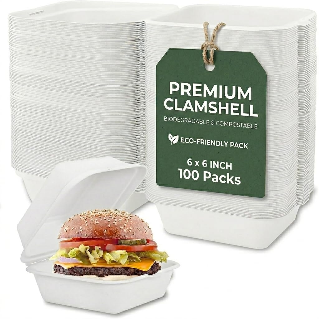 VylEco Eco-Friendly Clamshell Takeaway Boxes – Disposable Food Containers with Lid, Biodegradable Sugarcane Bagasse, Leak Resistant & Microwave Safe (6x6 Inch (Pack of 100))