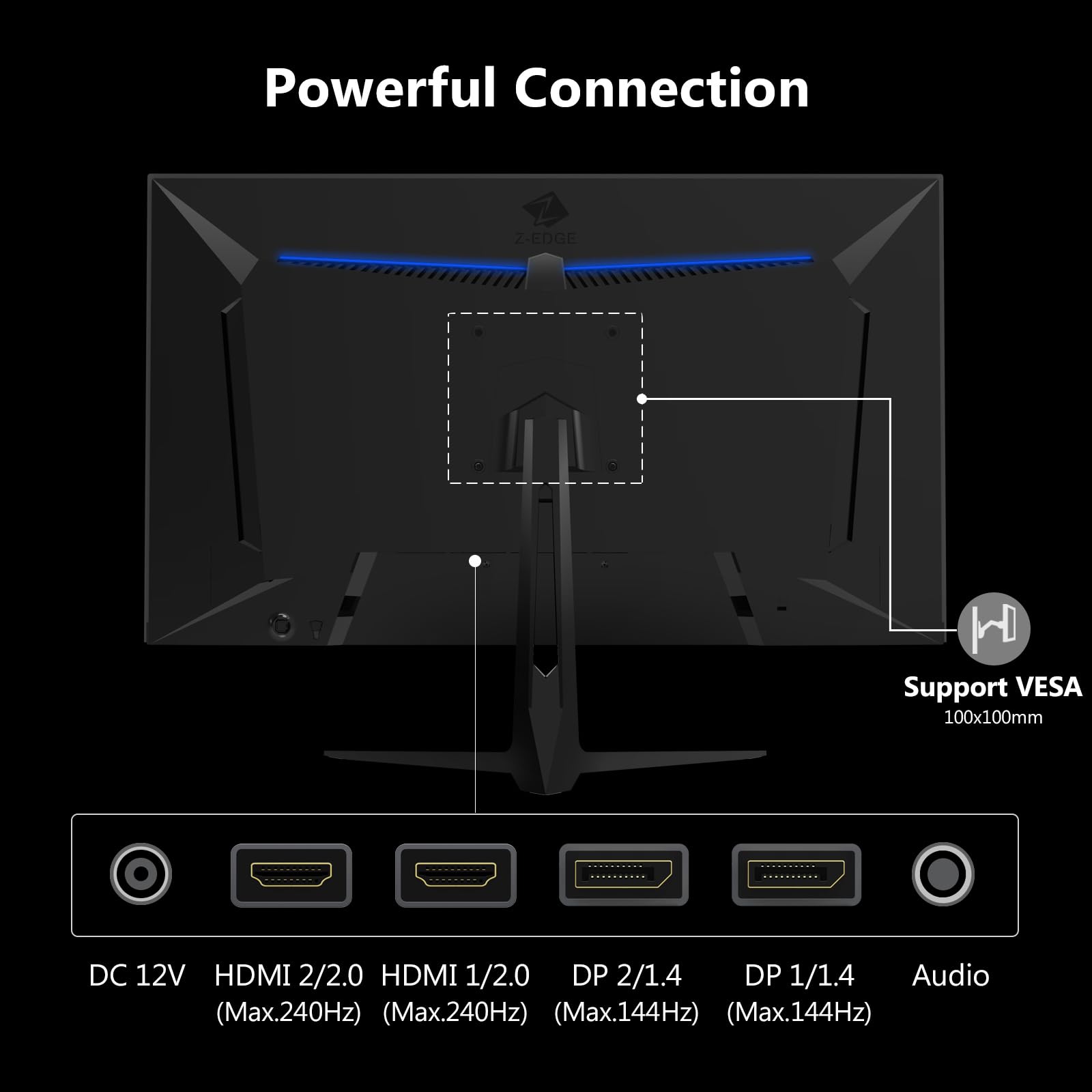 Z-Edge Gaming Monitor 27'' IPS QHD (2560 x 1440), 240 Hz (DP1.4×2), 1 ms, FreeSync, 16:9 LED monitor do gier, 144 Hz (HDMI2.0 × 2), regulowany nachylenie, 400 cd/m², VESA 100*100 mm (kabel DP w