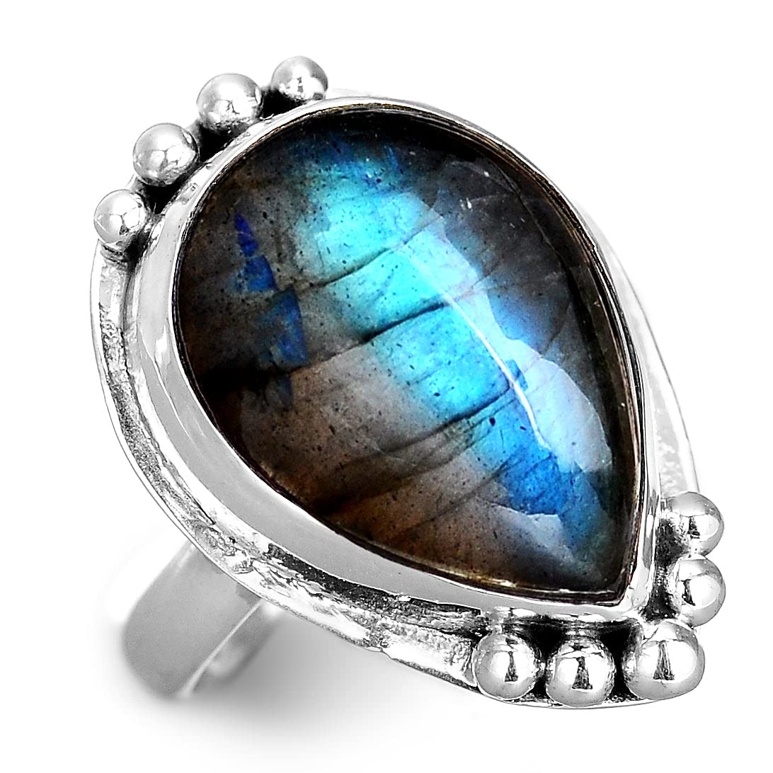 Boho-MagicSterling Silver Labradorite Ring for Women Teardrop Gemstone Boho jewelry