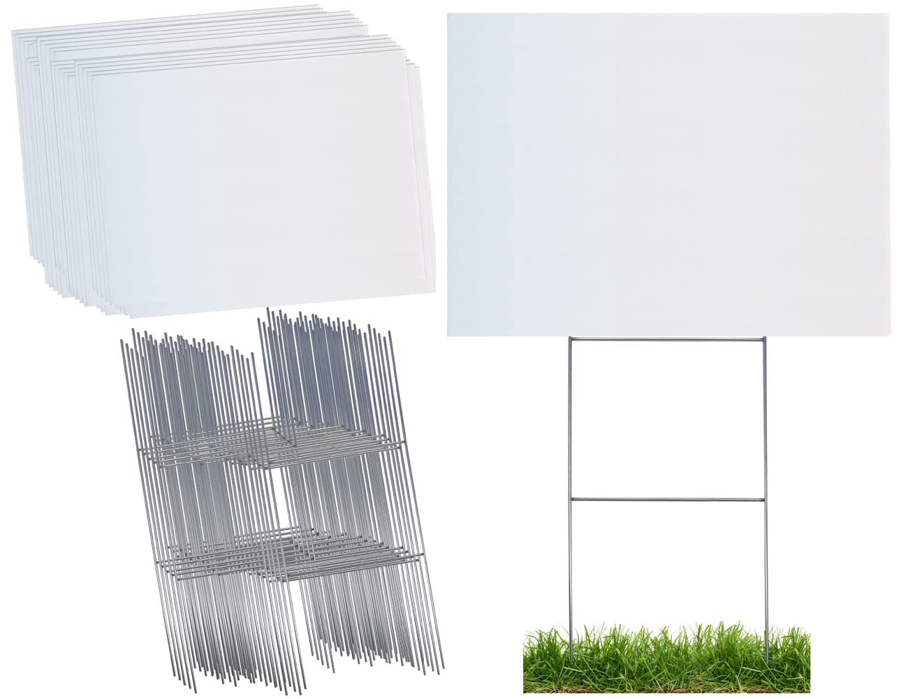 Durable Blank Corrugated White Yard Sign Kit Includes 100 Each: Large 18x24 Signs and Strong Galvanized Steel Double H 10x24 Yard Stakes - Pack of 100 18x24 Signs with Yard Stakes