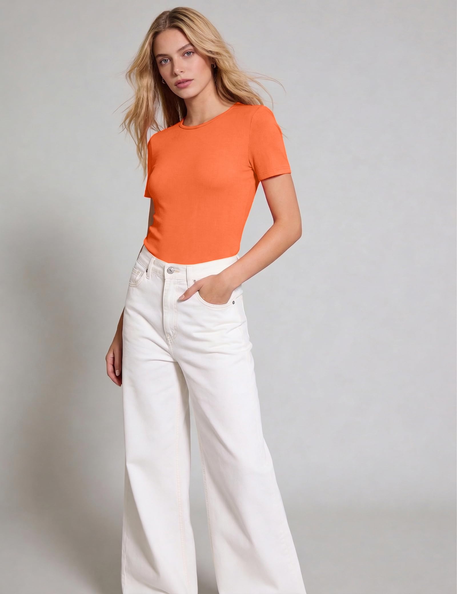 Aottori Camisetas Mujer Manga Corta Verano Cuello Redondo Camiseta Básica Acanalada Mujer Lisa Estirada Ajustada Capa Base Casual Pullover Tunica Top