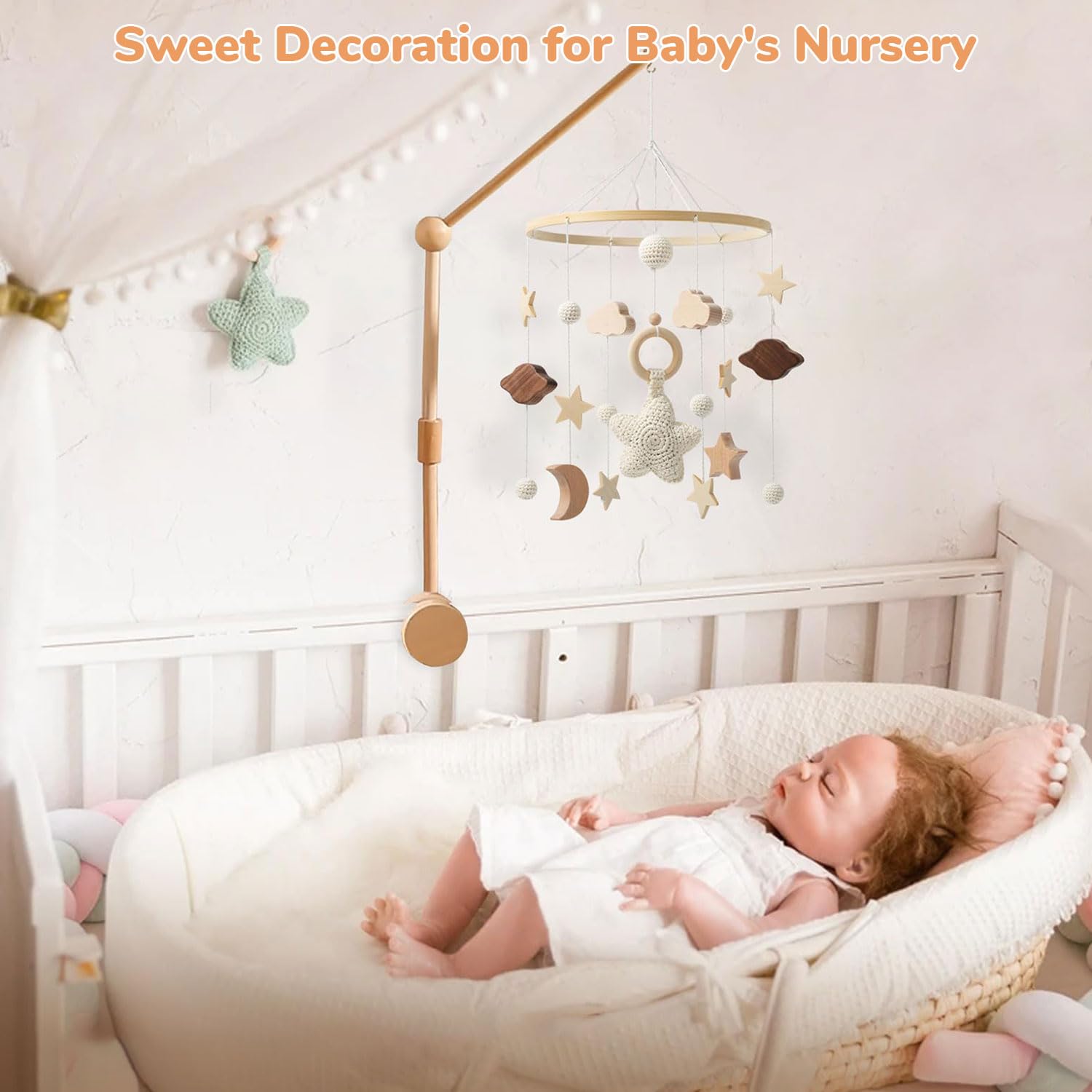 SNOWIE SOFT® Cradle Toys Hanging, Cute Wooden Crib Toys for New Born Baby with Assorted Wooden Charms Crib Mobile Toy Baby Soothing Toy Babies Cribs Ornament Babies Rustic Nursery Room Decor 4