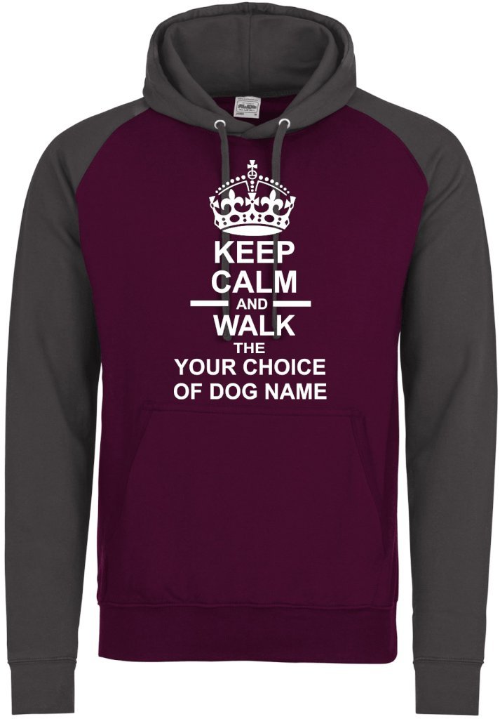 Keep Calm and Walk The Your Choice of Dog Name Or Dog Breed in Burgundy & Charcoal with White Text Baseball Hoody XLarge