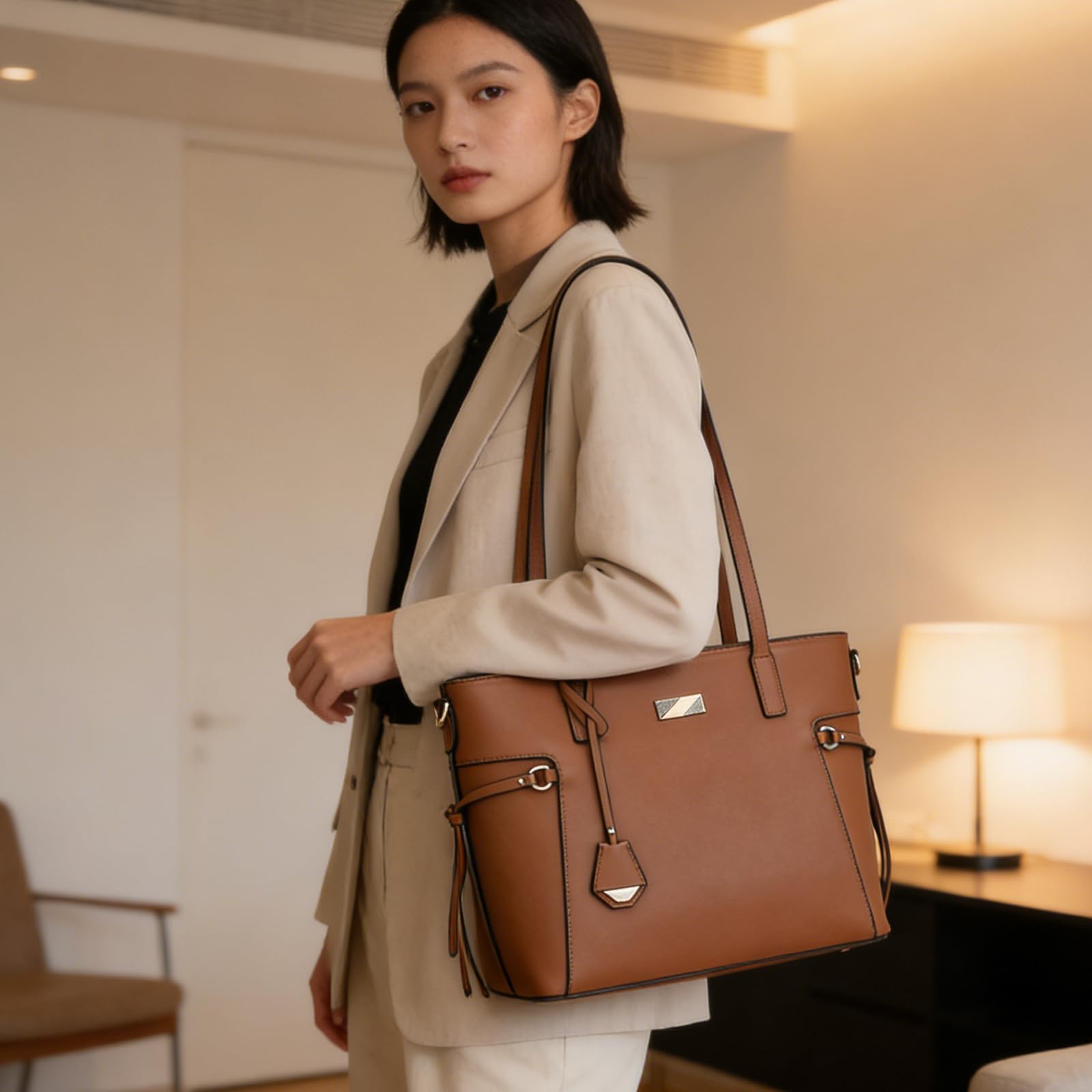 Borsa a tracolla in PU di grande capacità con tasche multiple e chiusura a cerniera borsa per lavoro, viaggi, shopping e uso quotidiano