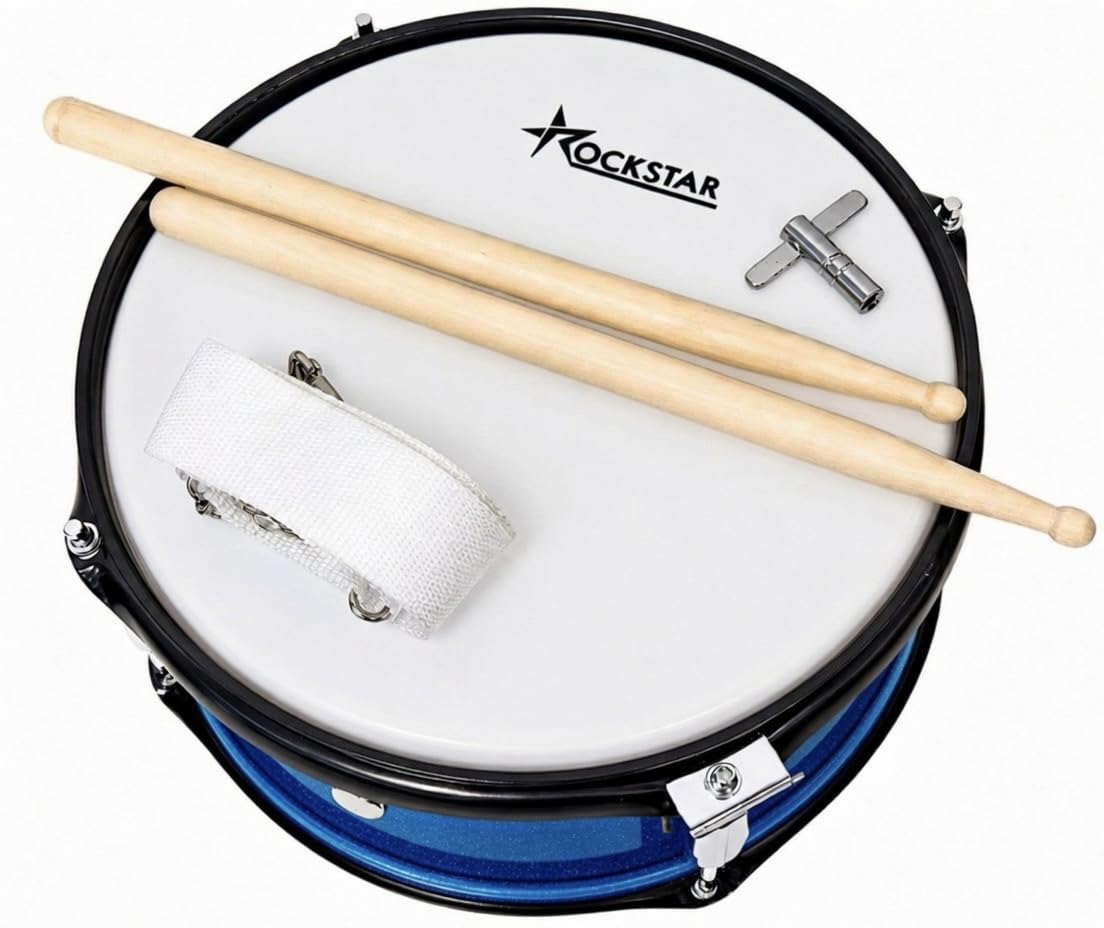 ROCKSTAR - Tambor de Madera Afinable SMS-1205BL 12" x 5" (30,5 x 12,7 cm) Caja de Marcha, Instrumento de Percusión con Bordón Ajustable, Correa y Baquetas Incluidas. Azul metalizado.