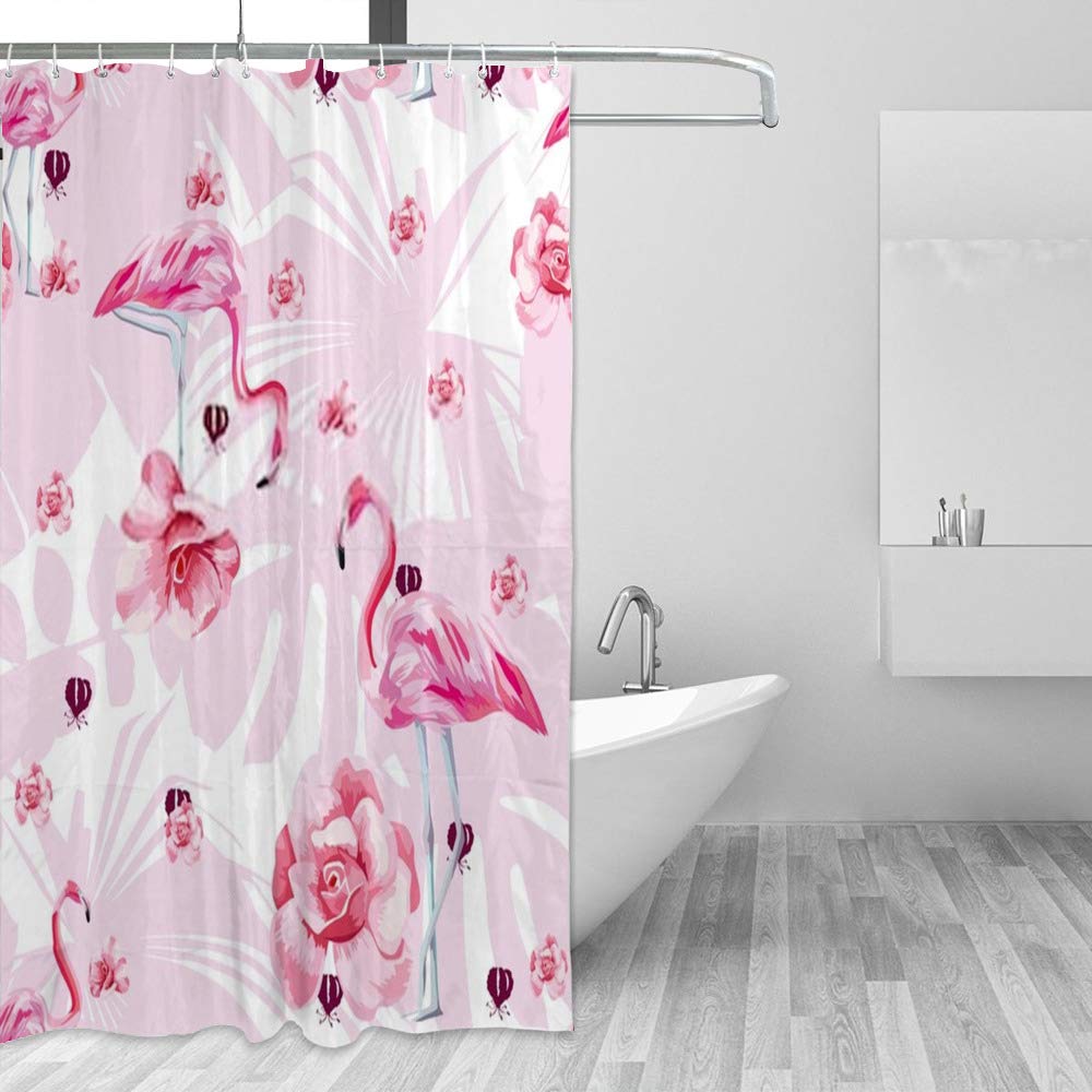 Rideau de douche oiseau rose flamboyant tissu polyester imperméable 60x72 inch