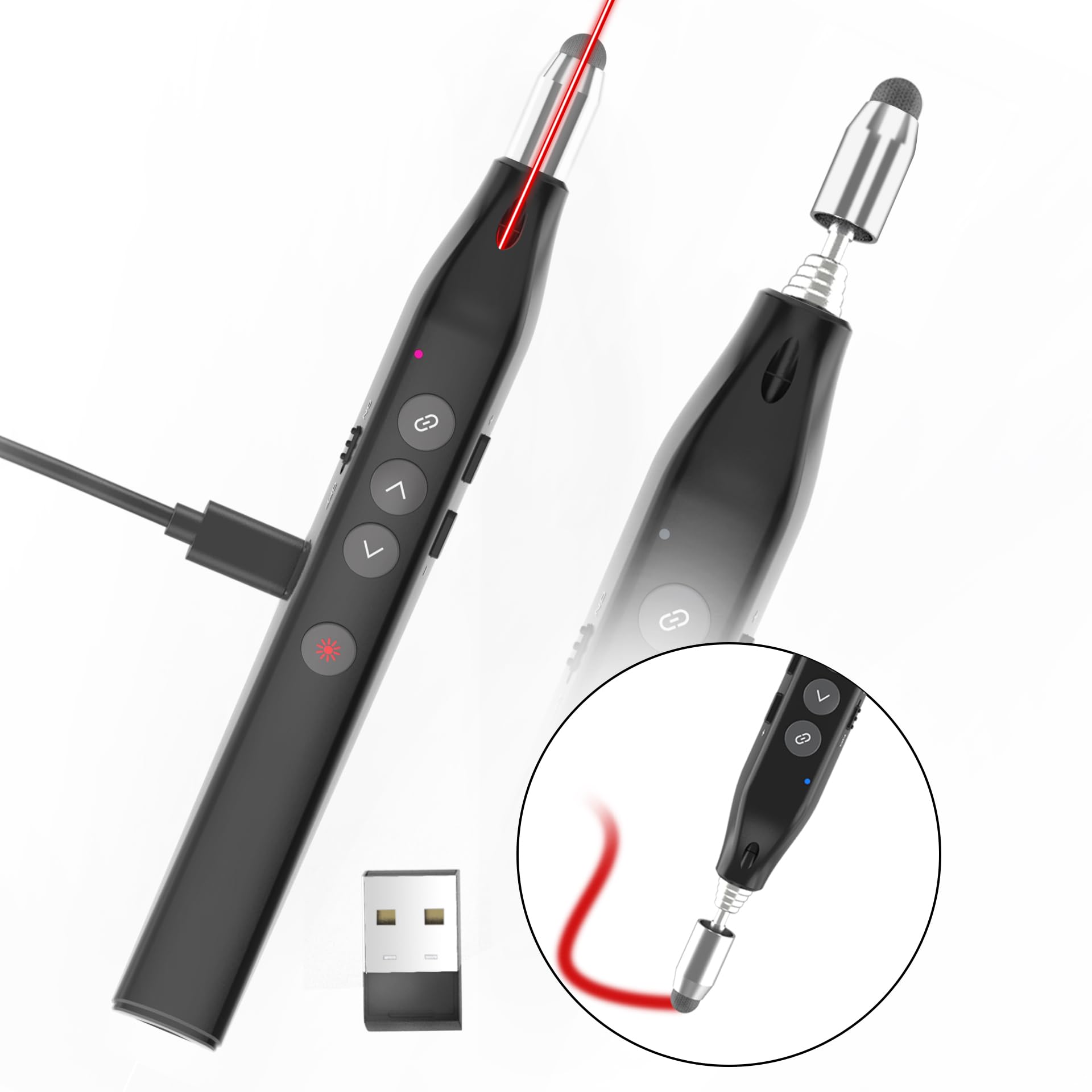 4 in 1 Presentation Clicker with Telescopic Pointer: Red Laser Wireless Presenter Stylus Pen for Touch Screen, Rechargeable Powerpoint Remote Retractable Stick with Mark/Volume Control/Hyperlink