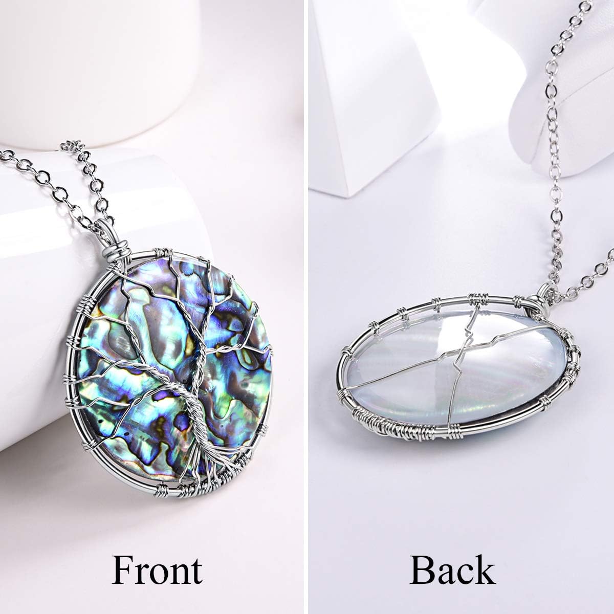 FOCALOOK Stainless Steel Wire Wrapped Tree of Life Abalone Necklaces Handmade Costume Jewelry Long Necklaces for Women (Send Gift Box) - Image 2